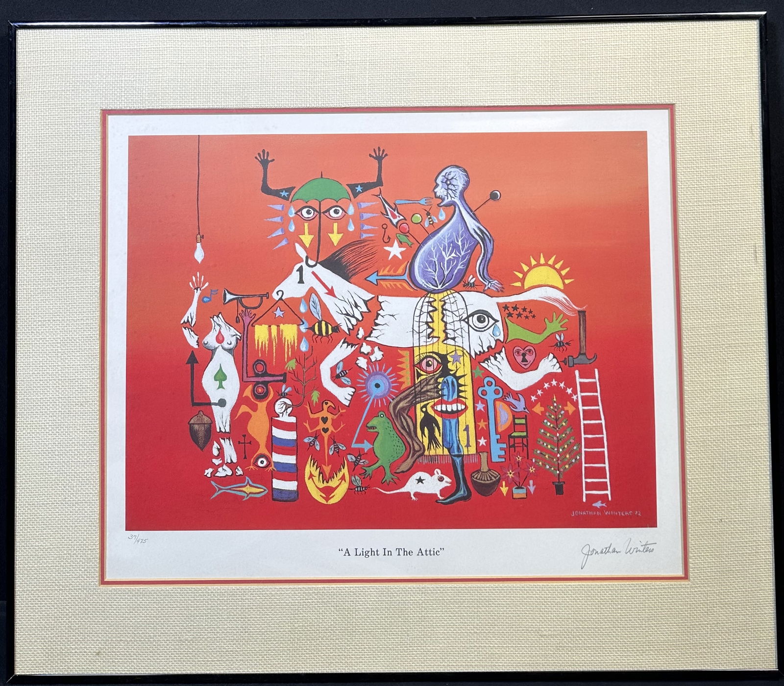 Jonathan Winters 1972 Signed Print A Light In The Attic: Jonathan Winters 1972 Signed Print A Light In The Attic Jonathan Winters surreal print from 1972, signed and numbered 37 of an edition of 475. Comes framed as shown. Winters was a beloved comedian and