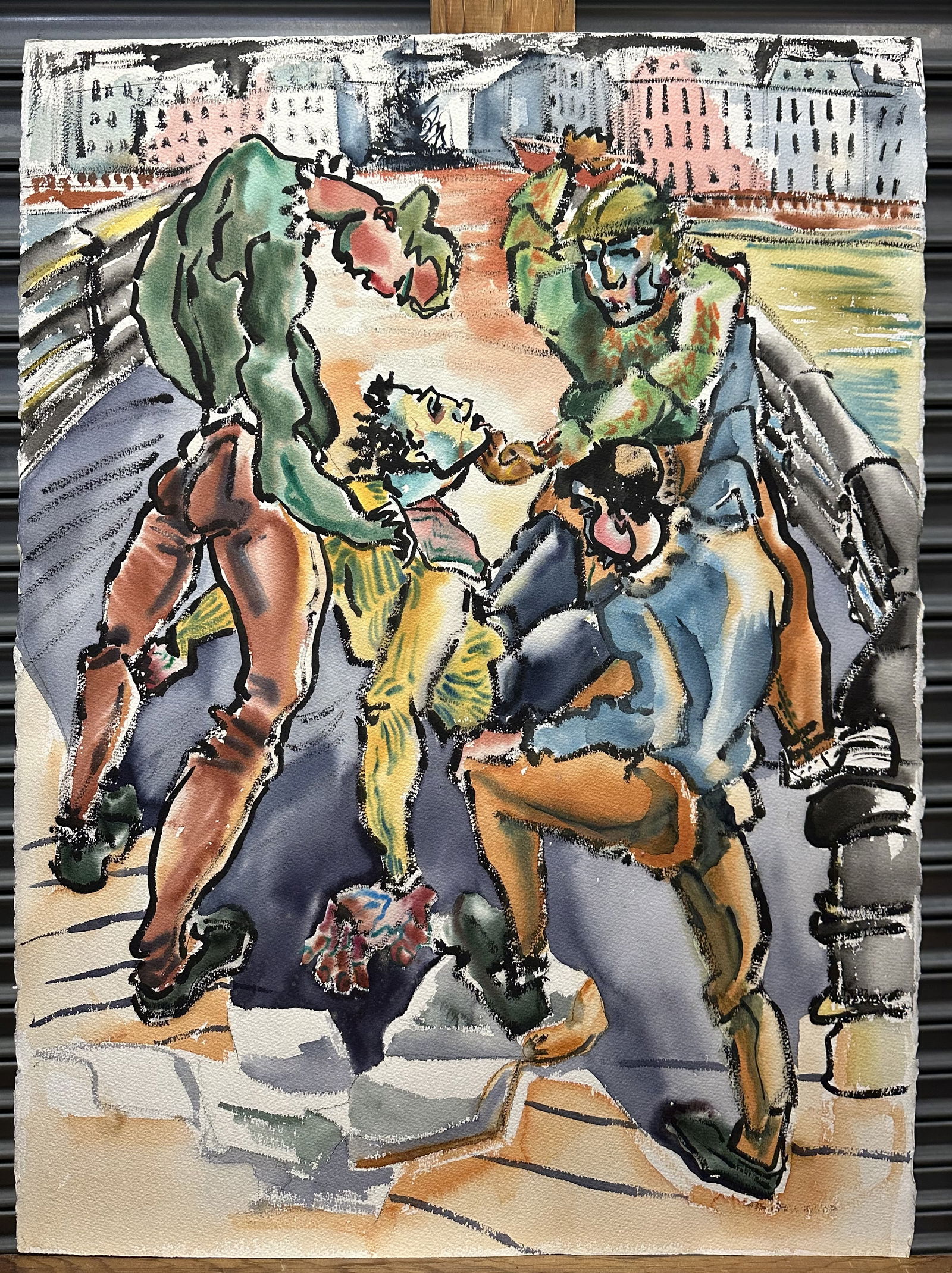 Modern Watercolor of a Street Fight: Modern Watercolor of a Street Fight This is a large watercolor of a street fight on heavy artists paper. Normally we don't accept artwork that is not identified unless the art is recognizable but the