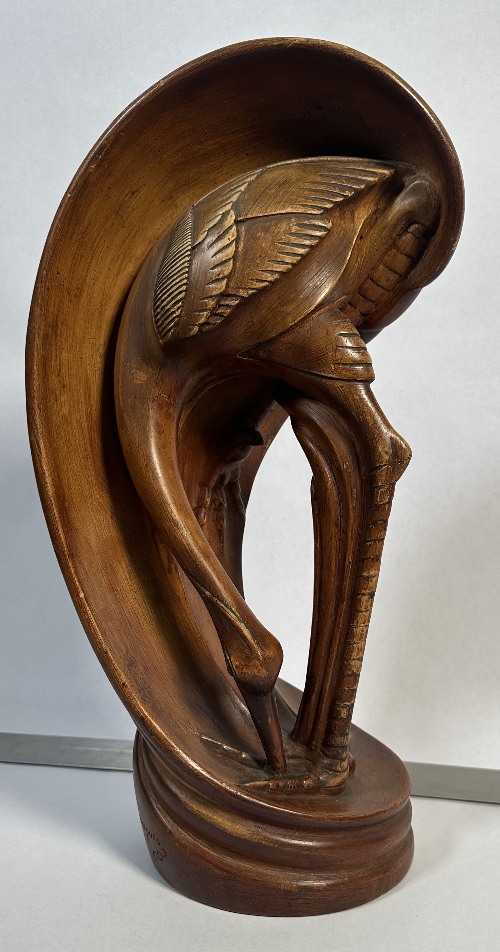 Wood Carved Stork Signed Agostinho Rodrigues 1952: Wood Carved Stork Signed Agostinho Rodrigues 1952 A lovely carved stork by well known animal sculptor Agostinho Rodriquez. Mr Rodriguez was a well known sculptor born in 1912 and winning awards in Eu