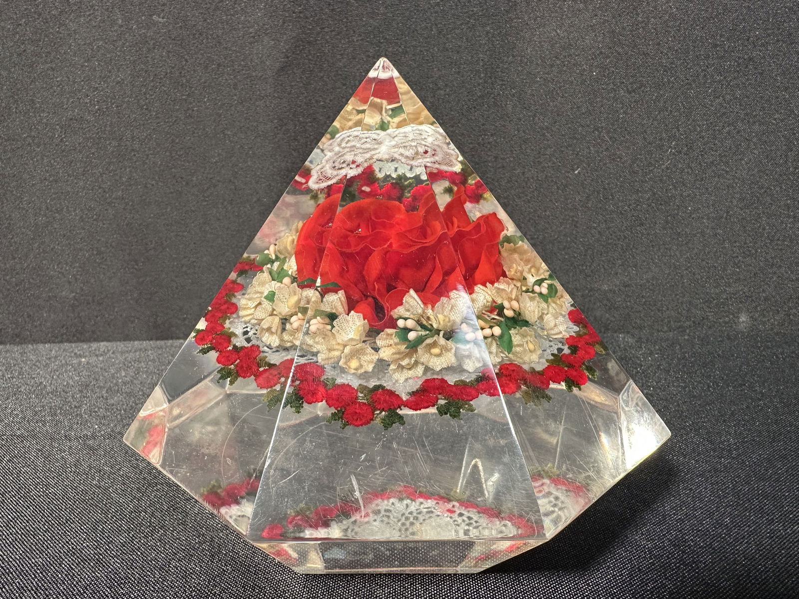 Huge Vintage 1970s Lucite Paperweight Diamond Shape Floral Design (1 of 7)