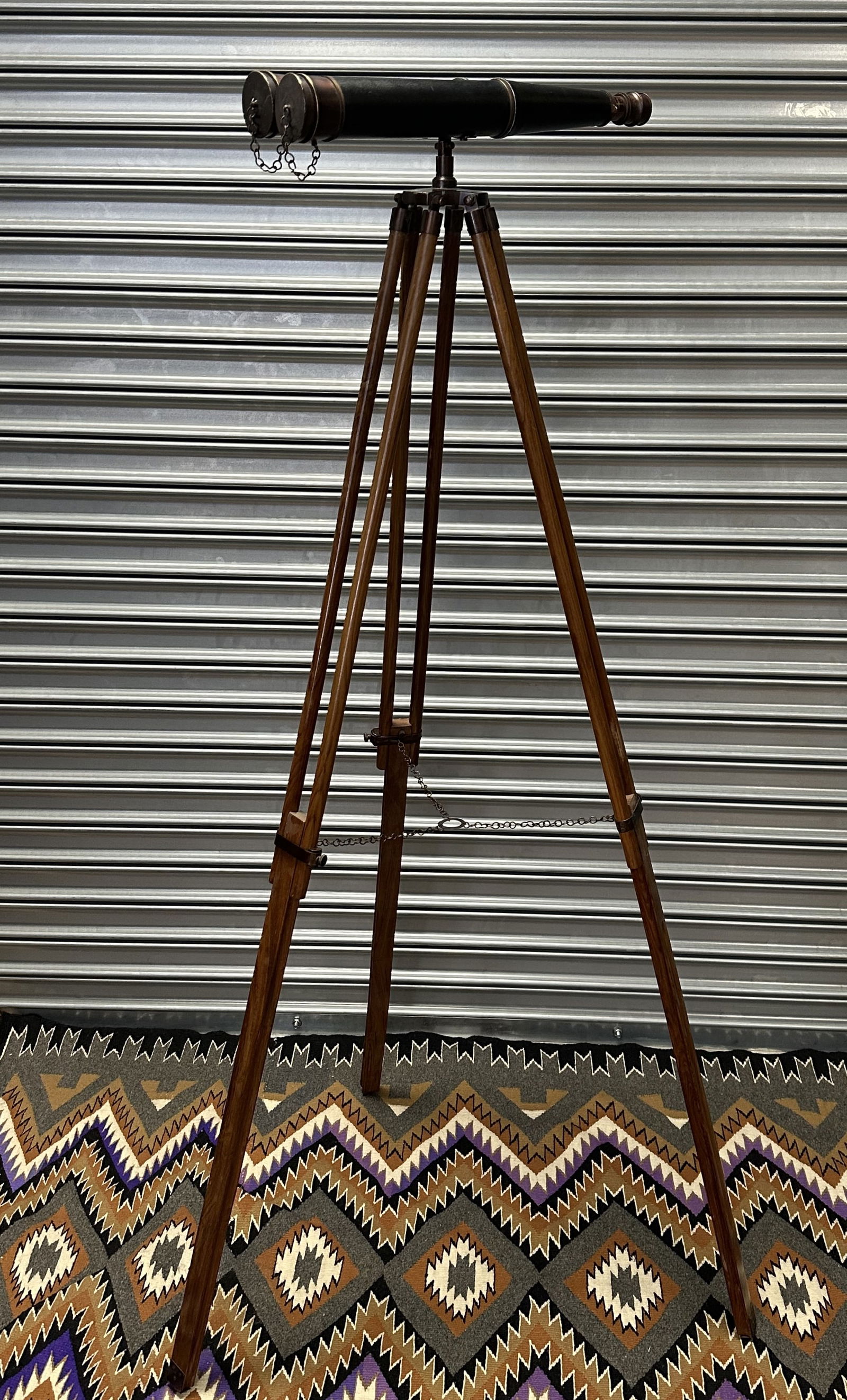 Brass and Leather Binoculars on Stand: Brass and Leather Binoculars on Stand Brass and leather (faux leather?) covered large binoculars on tripond stnad. Binoculars have lense covers/protectors and the stand can be collapsed for easy stora