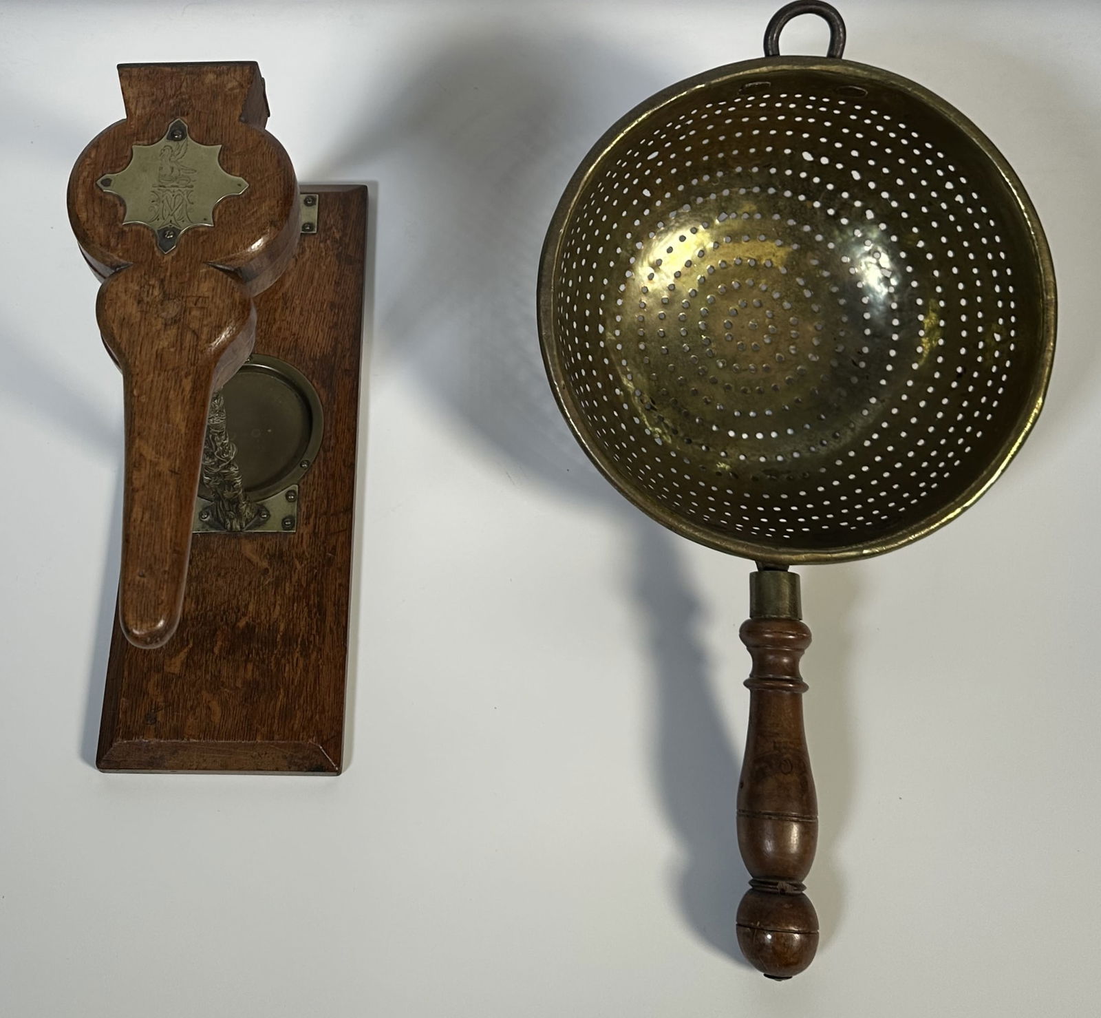 Large Antique French Wood Press and Strainer: Large Antique French Wood Press and Strainer Nice pairing of antique items. This is an English lemon press from the late 19th to early 20th century. While I see them for sale on antique websites for u