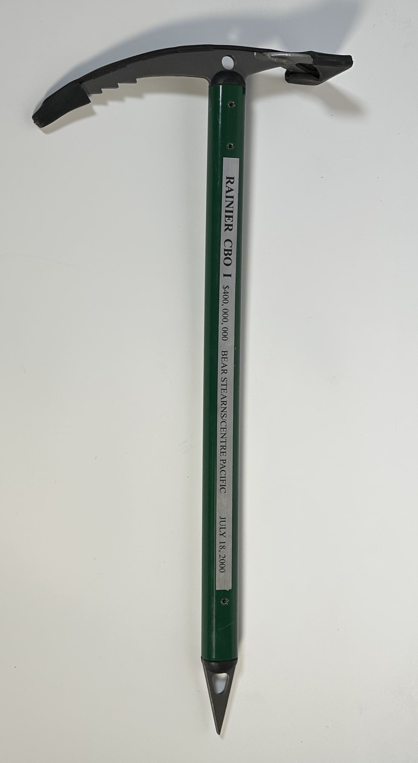 REI Camp CORSA Ice Axe Bear Stearns: REI Camp CORSA Ice Axe Bear Stearnst This is an REI ice axe that was labeled to commemorate when a CBO Bear Stearns structured for Centre Pacific LLC was rated in 2000. The high flying days of finance