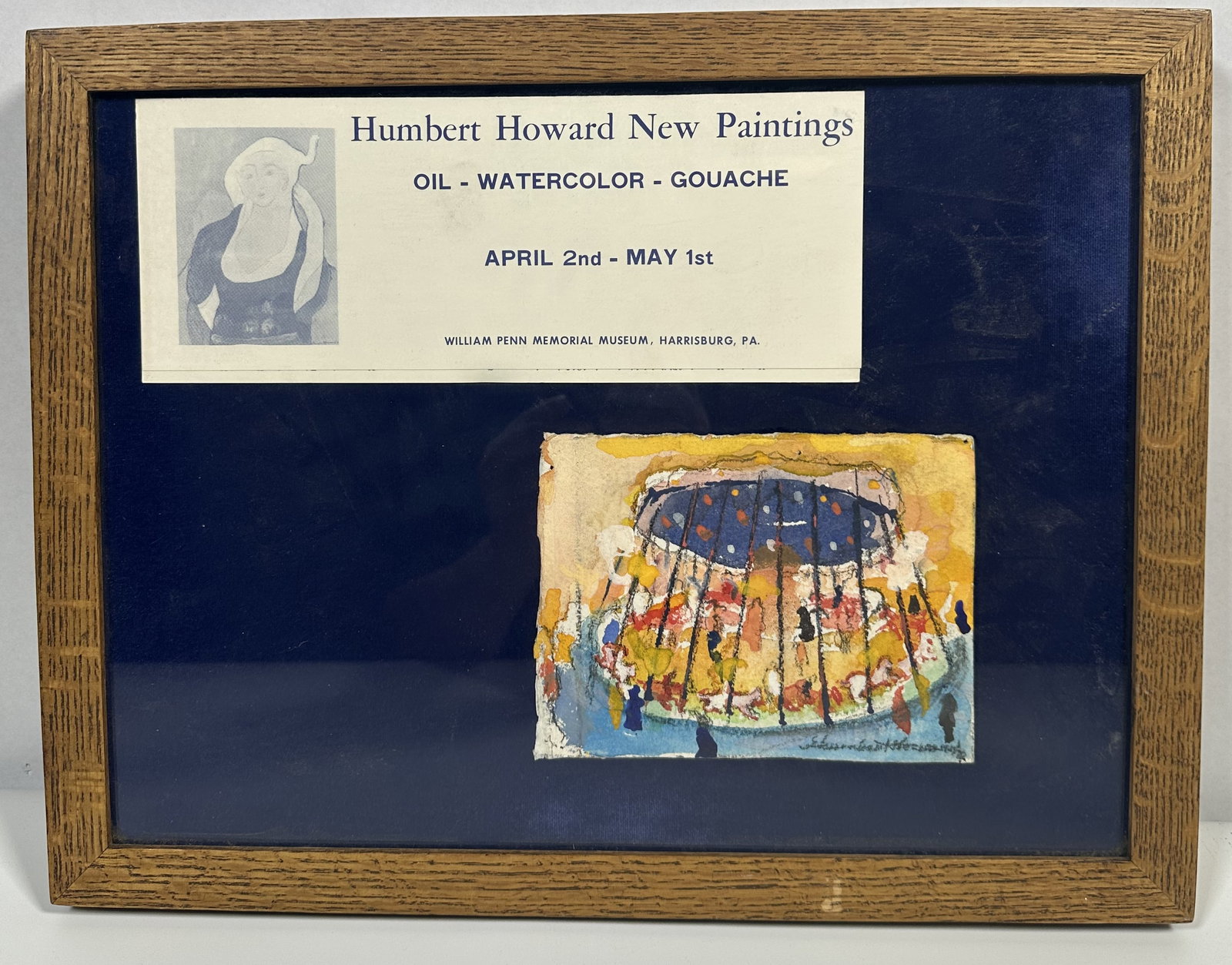Humbert Howard Carousel Painting Framed with Exhibition Brochure: Humbert Howard Carousel Painting Framed with Exhibition Brochure Humbert Howard was a well known African American artist from the Philadelphia area. This frame contains an exhibition brochure as well 