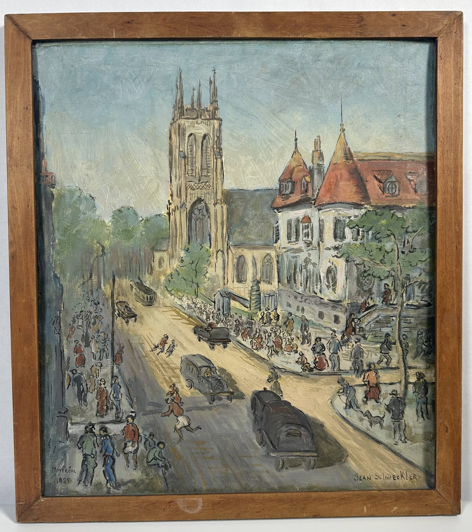 Jean Schweckler Painting Montreal Scene 1925: Jean Schweckler Painting Montreal Scene 1925 This is a 1925 oil painting on canvas titled Montreal by Jean Schweckler.The scene depicts a busy street view of a Montreal neighborhood featuring a promin