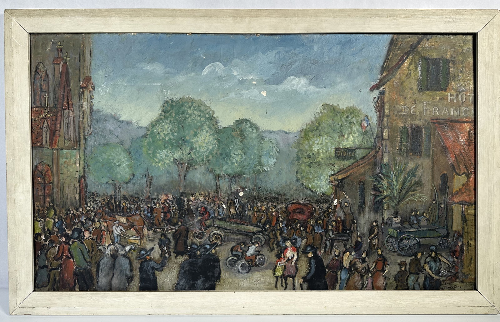 Jean Schweckler Painting of a French Village: Jean Schweckler Painting of a French Village This painting is the work of Jean-Frederic Schweckler (1888?1962), a French-American artist known for his vibrant landscapes and cityscapes. Artist Profile