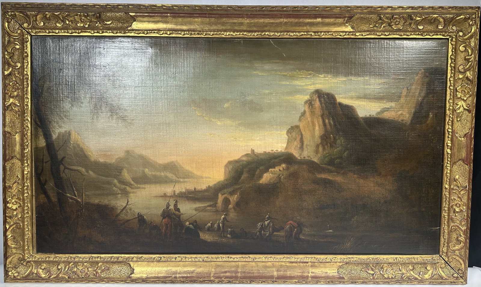 Large Scenic Italian Painting after Salvator Rosa: Large Scenic Italian Painting after Salvator Rosa Large Italian painting likely late 19th Century in the style of 17th century artist Salvator Rosa. Beautiful scenic mountans and stream with soldiers 