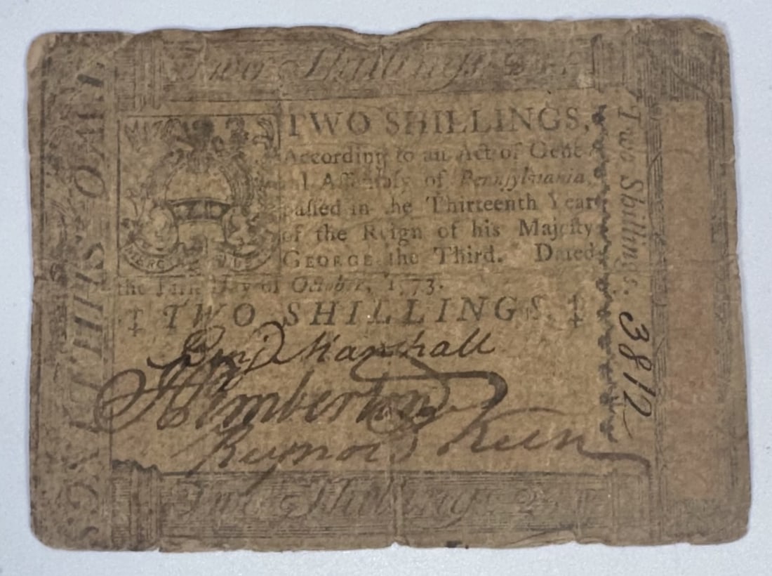 Continental Currency 1773 Two Shilling Note Pennsylvania: Continental Currency 1773 Two Shilling Note Pennsylvania This is an authentic October 1, 1773 Pennsylvania Two Shillings Colonial Note issued during the reign of King George III. Colony: Province of P