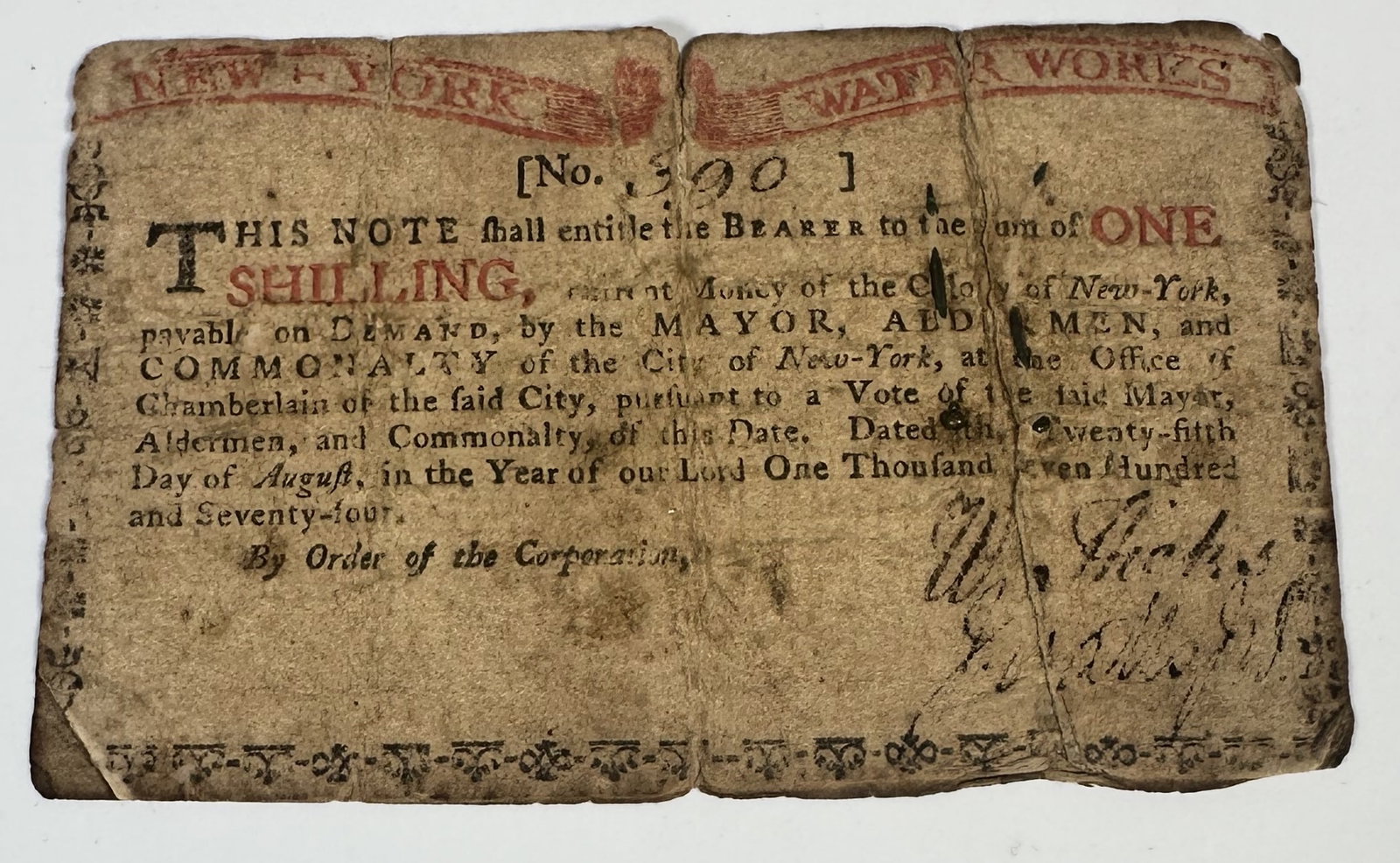 Continental Currency 1774 One Shilling Note New York: Continental Currency 1774 One Shilling Note New York This is a One Shilling New York Water Works note issued on August 25, 1774, during the American colonial era. These historic banknotes were authori