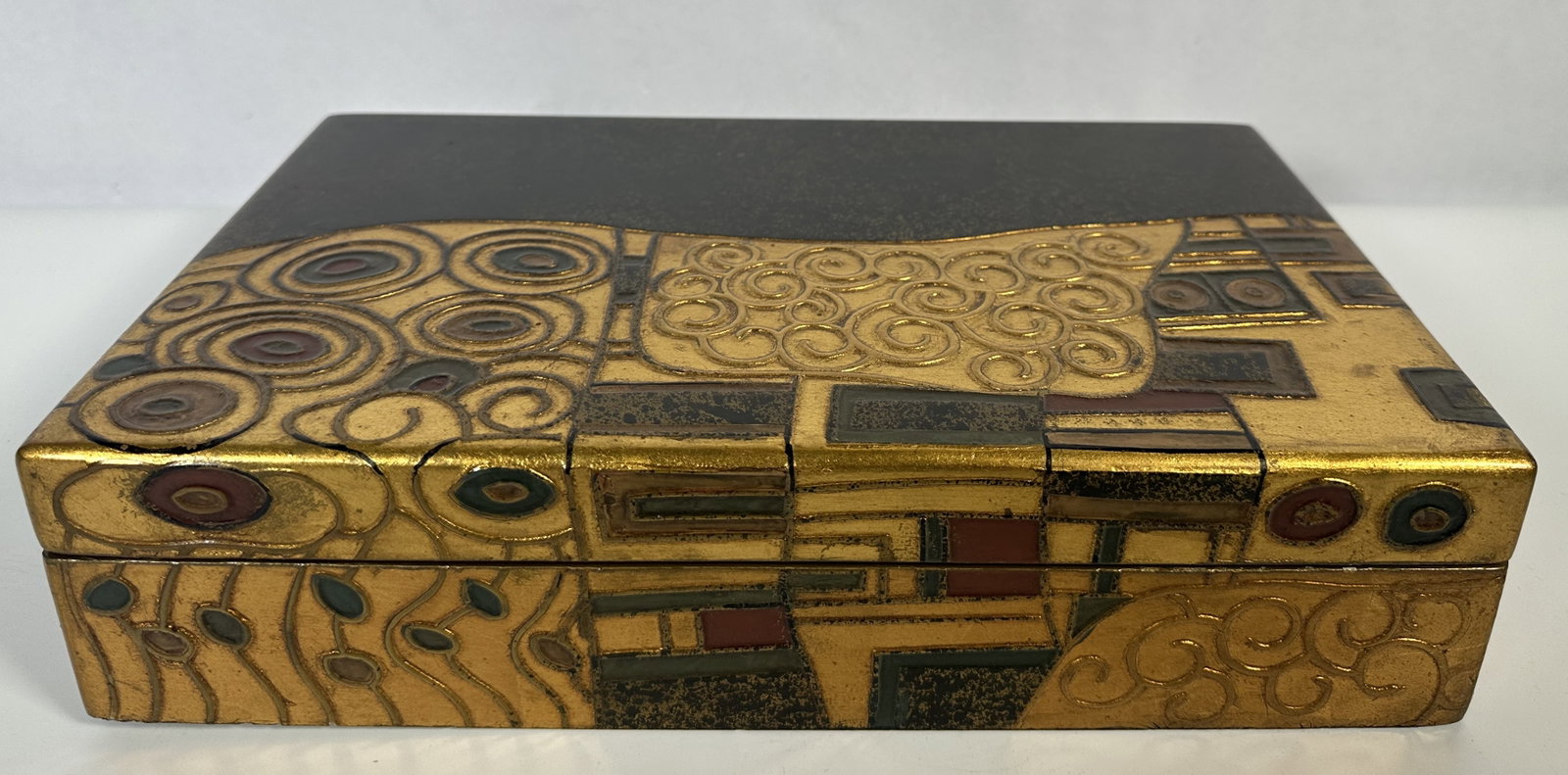 RR Gustav Klimt Style Large Lacquer Jewelry Box: Gustav Klimt Style Large Lacquer Jewelry Box Lovely large lacquer jewelry or storage box with designs inspired by Gustav Klimt at the height of his Golden Period. High quality and a good size for a