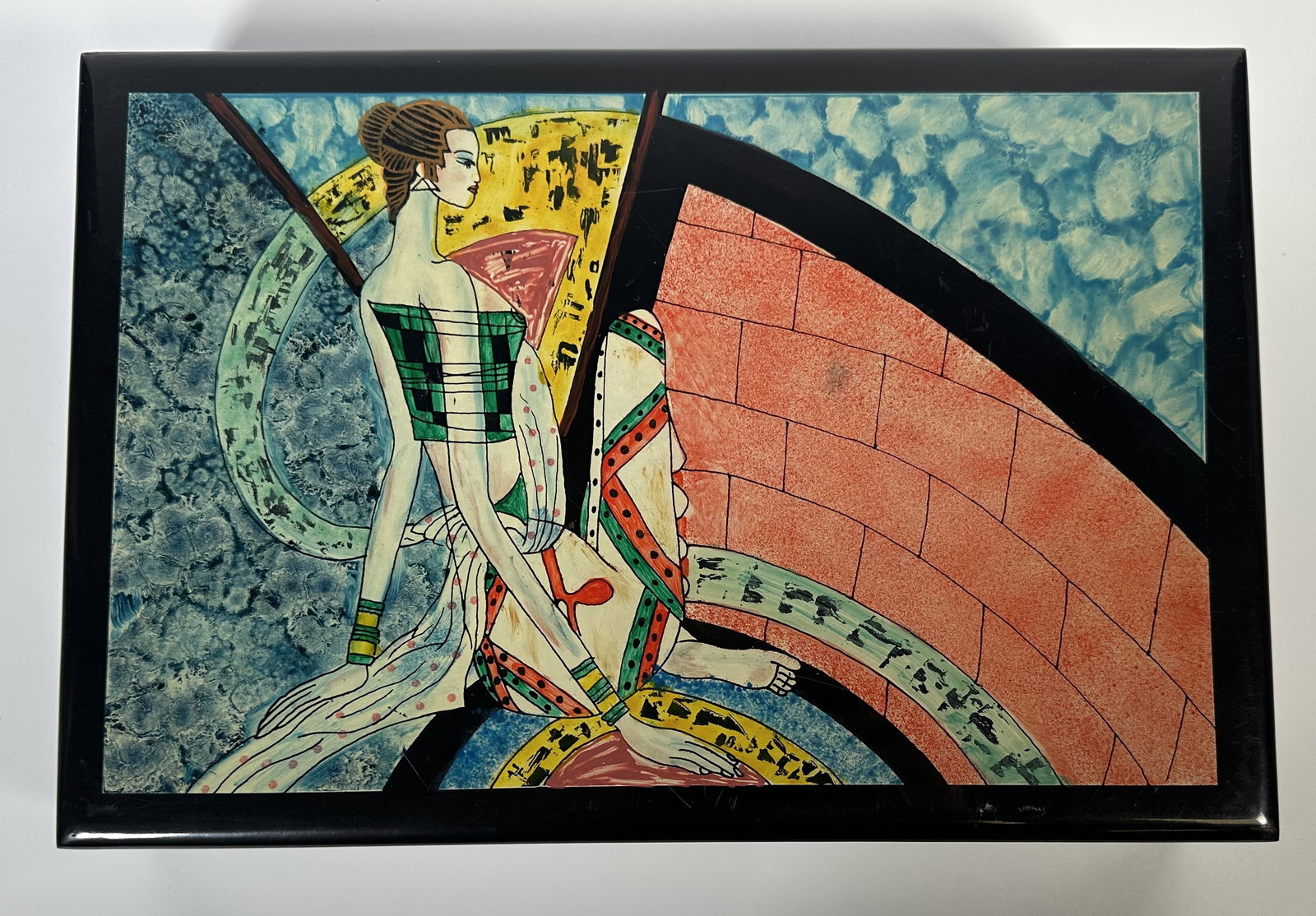 RR Large Lacquer Jewelry Box Ting Shao Kuang: Large Lacquer Jewelry Box Ting Shao Kuang Large lacquer jewelry or storage box with an image on top reminiscent of the work of Ting Shao Kuang, who was known for his mix of western styles like Cubism