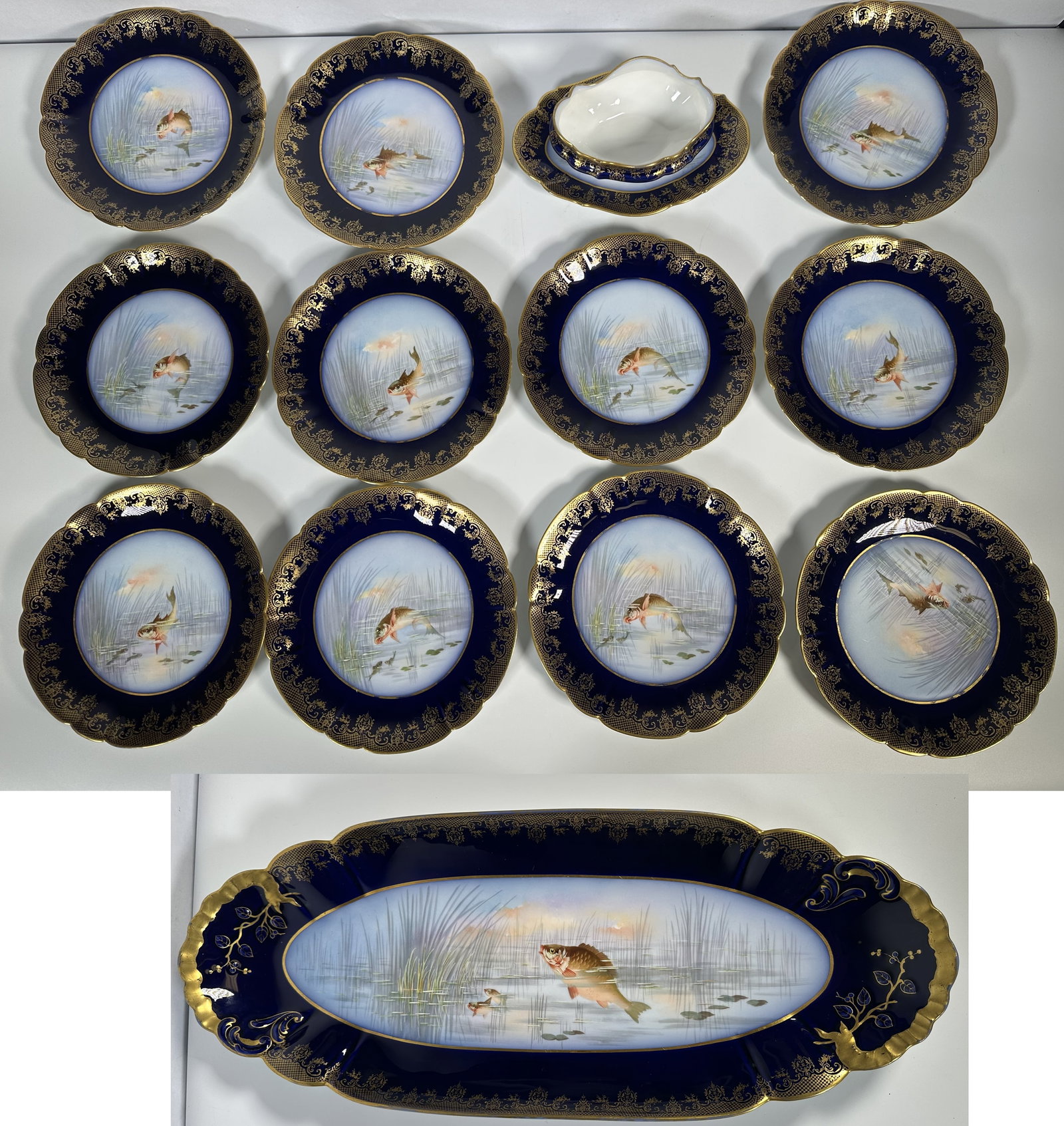 Martial Redon Limoges Porcelain Fish Service Set Cobalt and Gold Trim (1 of 16)