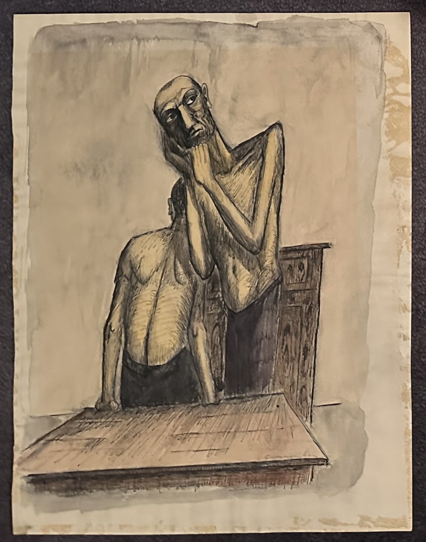 Houshang Pezeshk-nia Original Ink and Watercolor ca 1960 Peasants: Houshang Pezeshk-nia Original Ink and Watercolor ca 1960 Peasants This artwork is an ink and watercolor painting on cardboard, titled Peasant (or Untitled), created around 1960 by the prominent