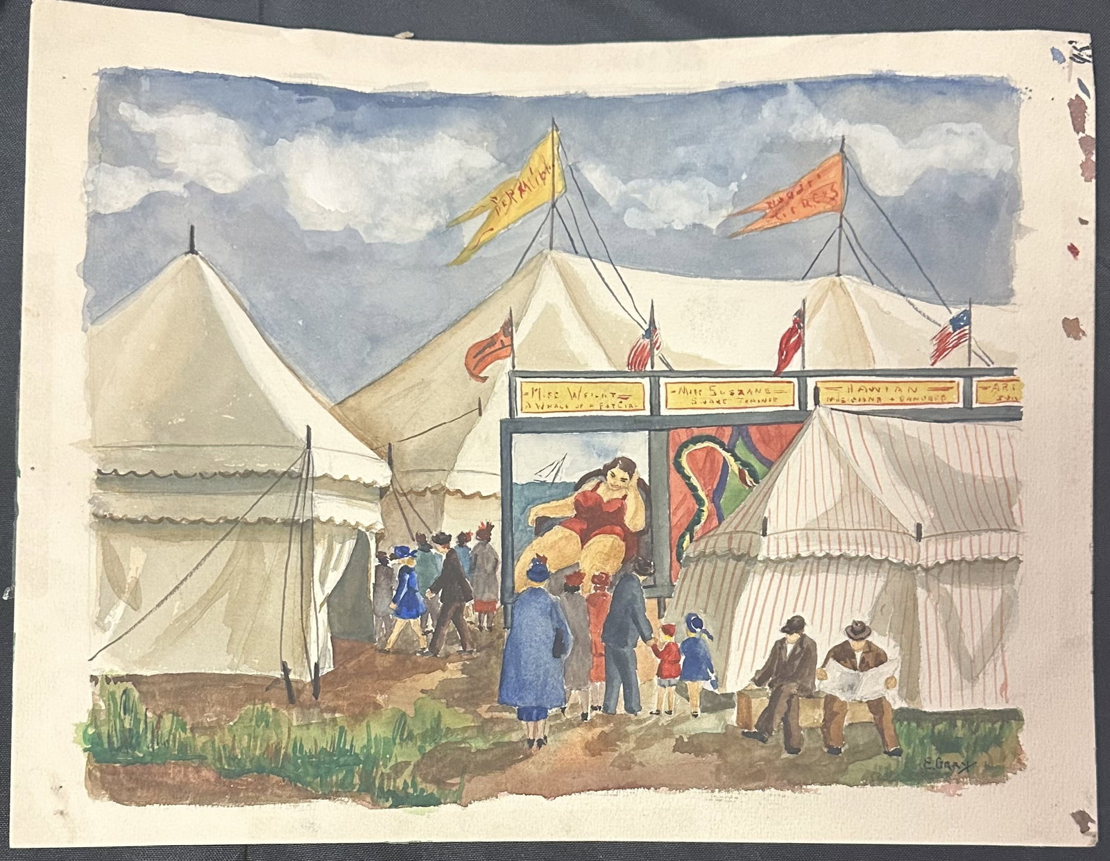 Painting of a Circus ca 1940s by E. Gray 14x11: Painting of a Circus ca 1940s by E. Gray 14x11 This vintage watercolor painting depicts a lively traveling circus scene complete with tents, side-show banners (Miss Weight, Miss Suzanne), flags, and