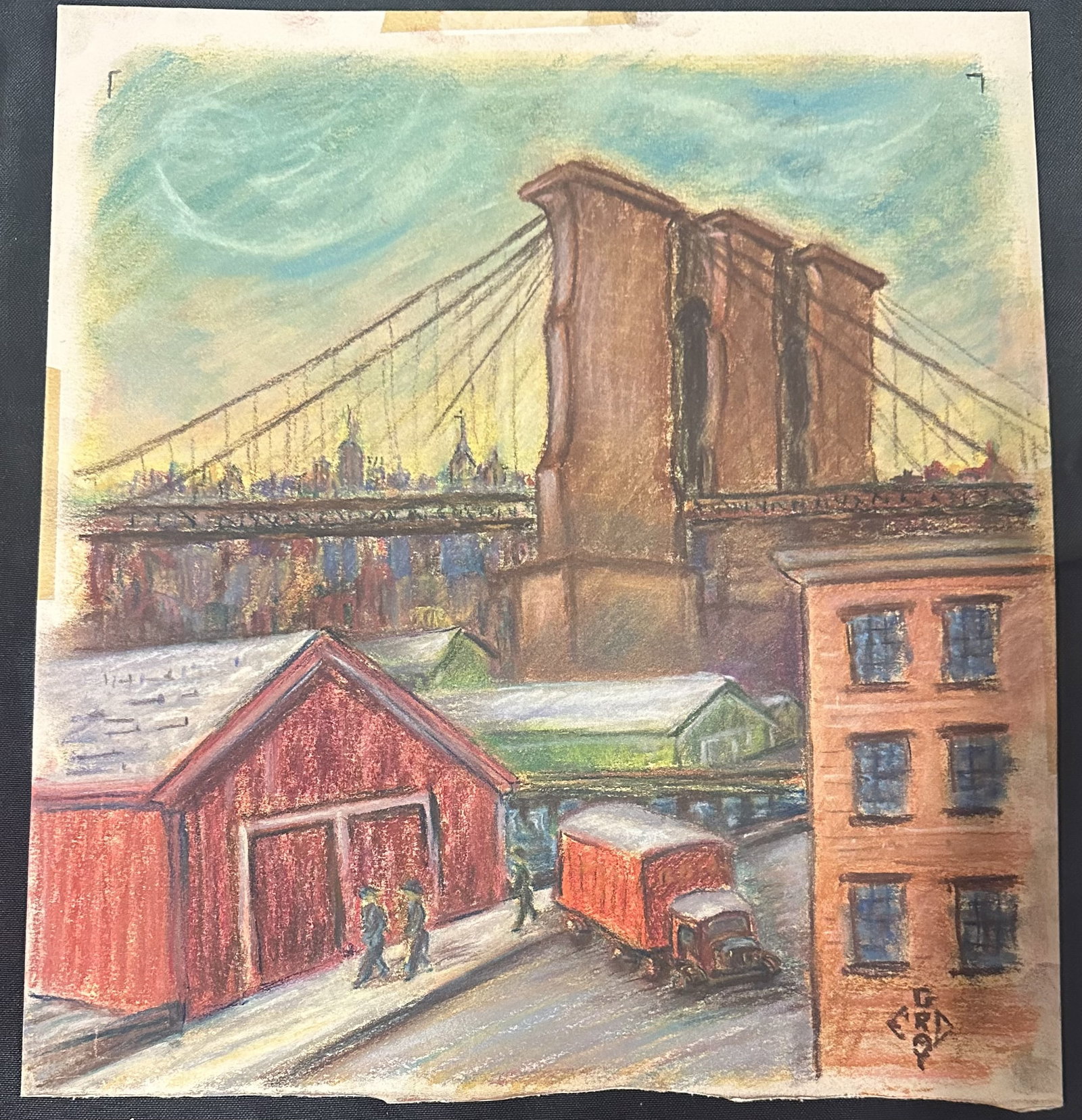 Painting of Brooklyn Bridge and Street by E. Gray 12x11 (1 of 3)