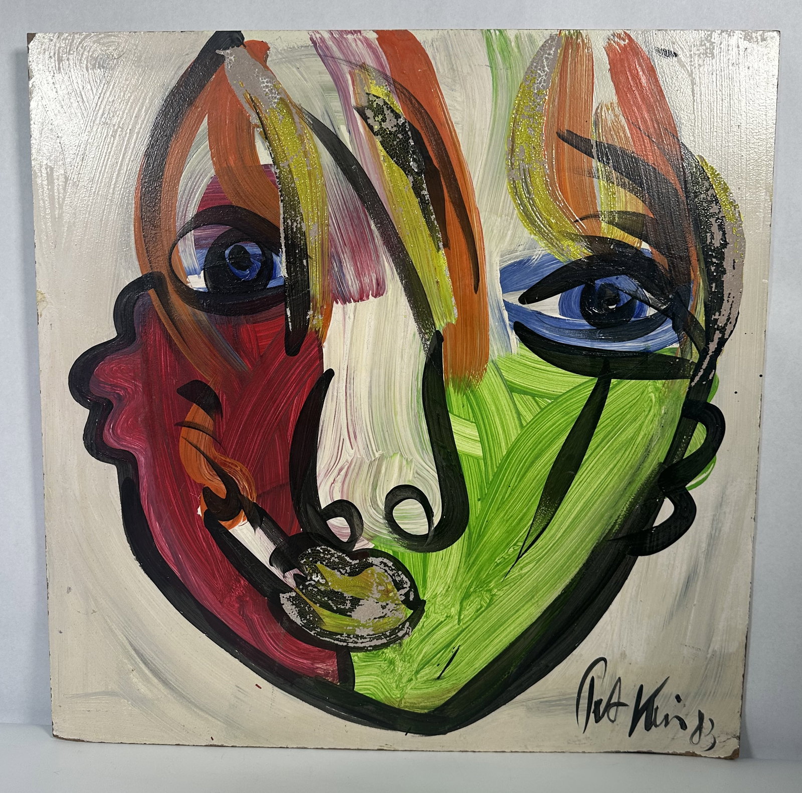 Peter Keil Painting of Andy Warhol on Board 1983: Peter Keil Painting of Andy Warhol on Board 1983 This painting is an original abstract expressionist portrait painting on board of Andy Warhol featuring a colorful split face smoking a cigarette,