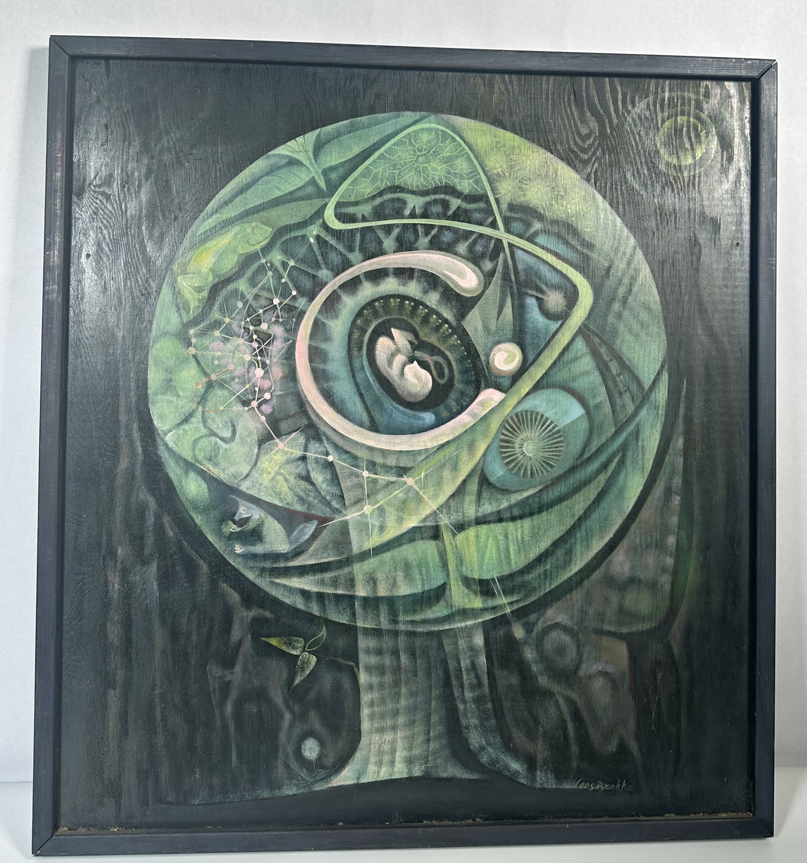 Cees Brokke Tree of Life Painting on Wood Panel Framed 25 x 27: Cees Brokke Tree of Life Painting on Wood Panel Framed 25 x 27 This artwork is a notable example of mid-century surrealism painted by the Dutch-American artist Cees Brokke. Cees Brokke (born 1920)