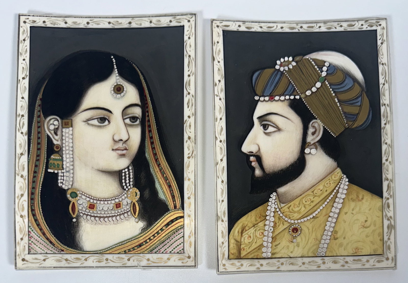 Pair Indian Royal Miniature Portraits: Pair Indian Royal Miniature Portraits This lot is for a pair of detailed miniature portraits depicting the Mughal Emperor Shah Jahan and Empress Mumtaz Mahal, traditionally rendered on bone with