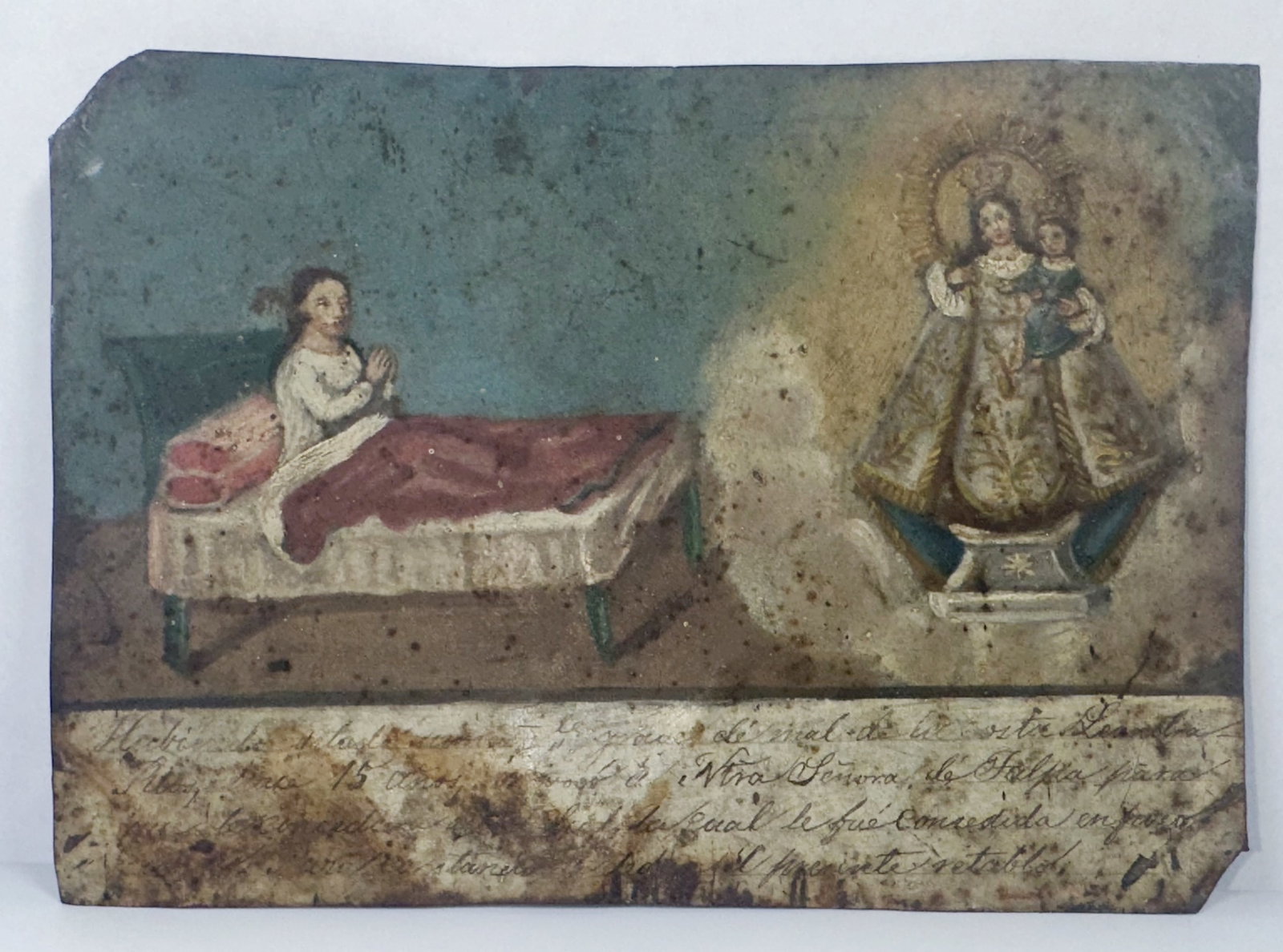 Painting on Tin of Virgin Mary Aperition Spanish Colonial: Painting on Tin of Virgin Mary Aperition Spanish Colonial This artwork appears to be a 19th-century Mexican ex-voto (or retablo), a traditional form of religious folk painting executed in oil on a