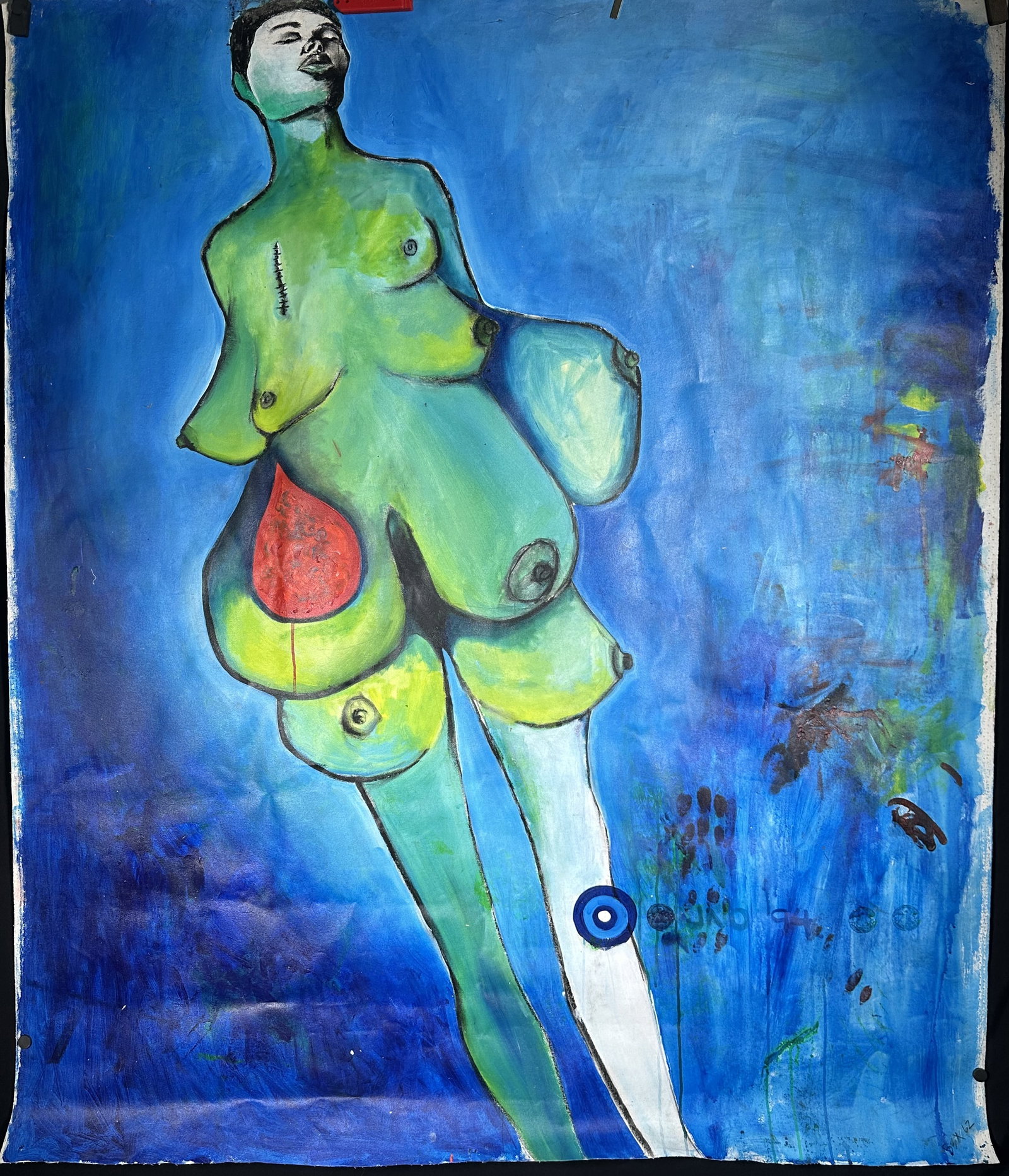 Painting Lennon Jno Baptiste Huge Canvas Feminine Figure: Painting Lennon Jno Baptiste Huge Canvas Feminine Figure Huge painting on canvas by Lennon Jno Baptiste of an almost alien looking female figure on a vibrant blue background. Lennon Jno Baptiste is a