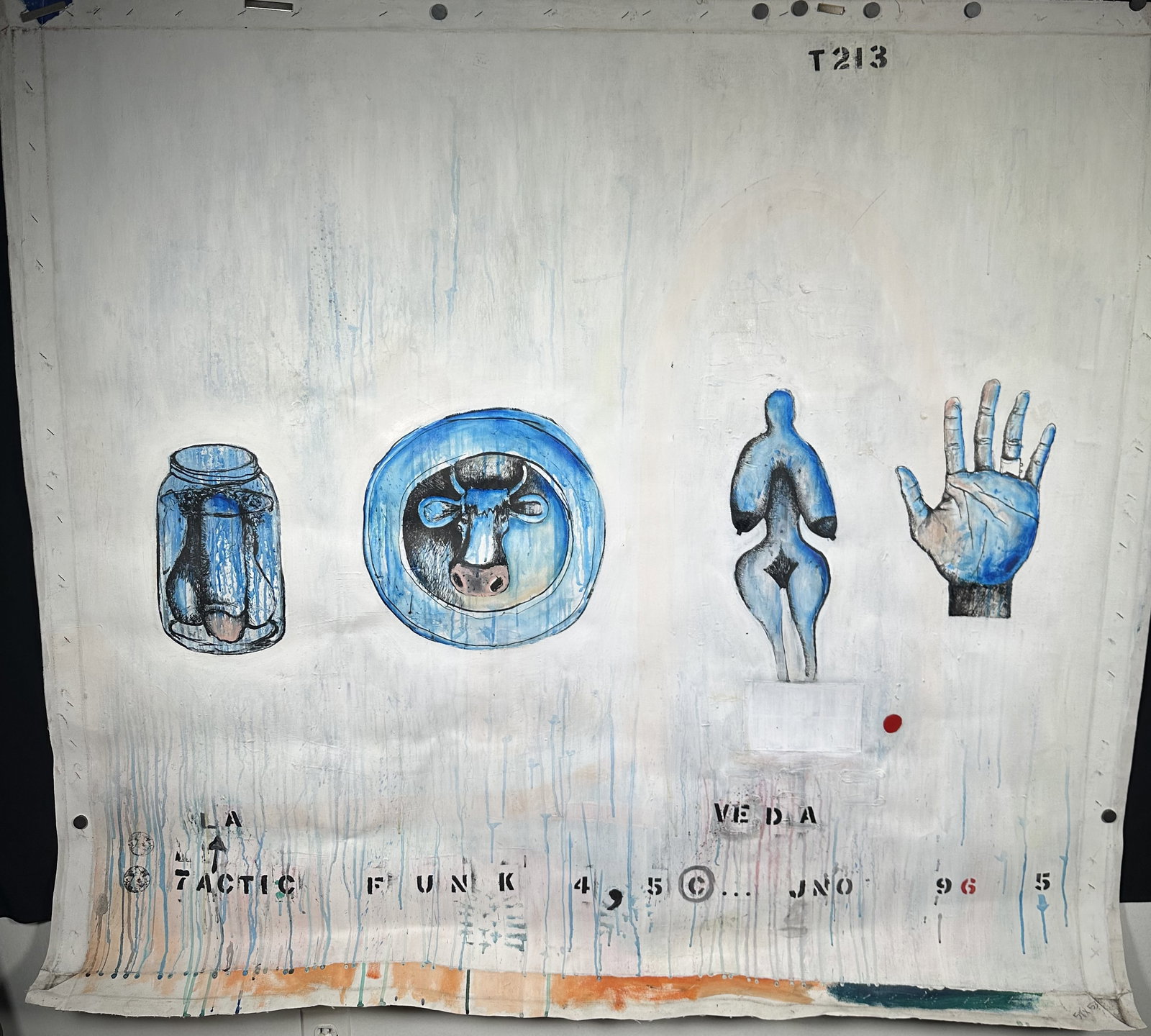 Painting Lennon Jno Baptiste Huge Canvas - Four Objects: Painting Lennon Jno Baptiste Huge Canvas - Four Objects Painting on a huge canvas by Lennon Jno Baptiste. Four objects in blue on a white background, some a little odder than others. Lennon Jno
