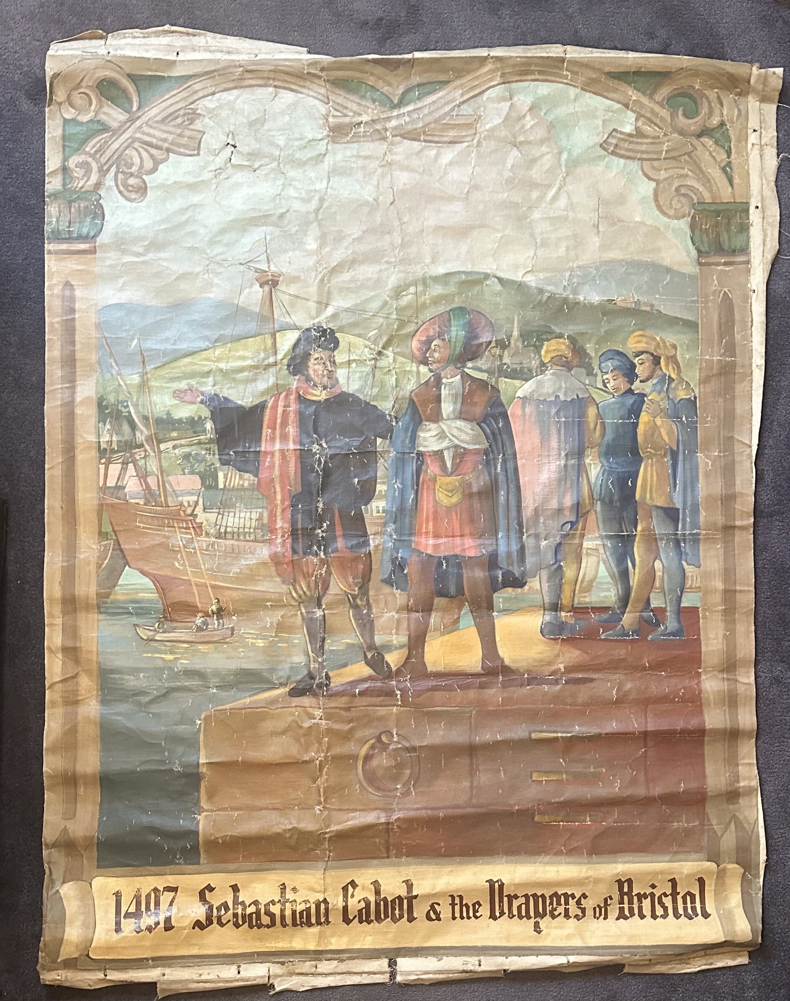 Flemish Style Large Painting Canvas - No Stretcher - Rough Shape: Flemish Style Large Painting Canvas - No Stretcher - Rough Shape This vintage painting on canvas depicts an illustrated historical scene titled 1497 Sebastian Cabot and the Drapers of Bristol, showing
