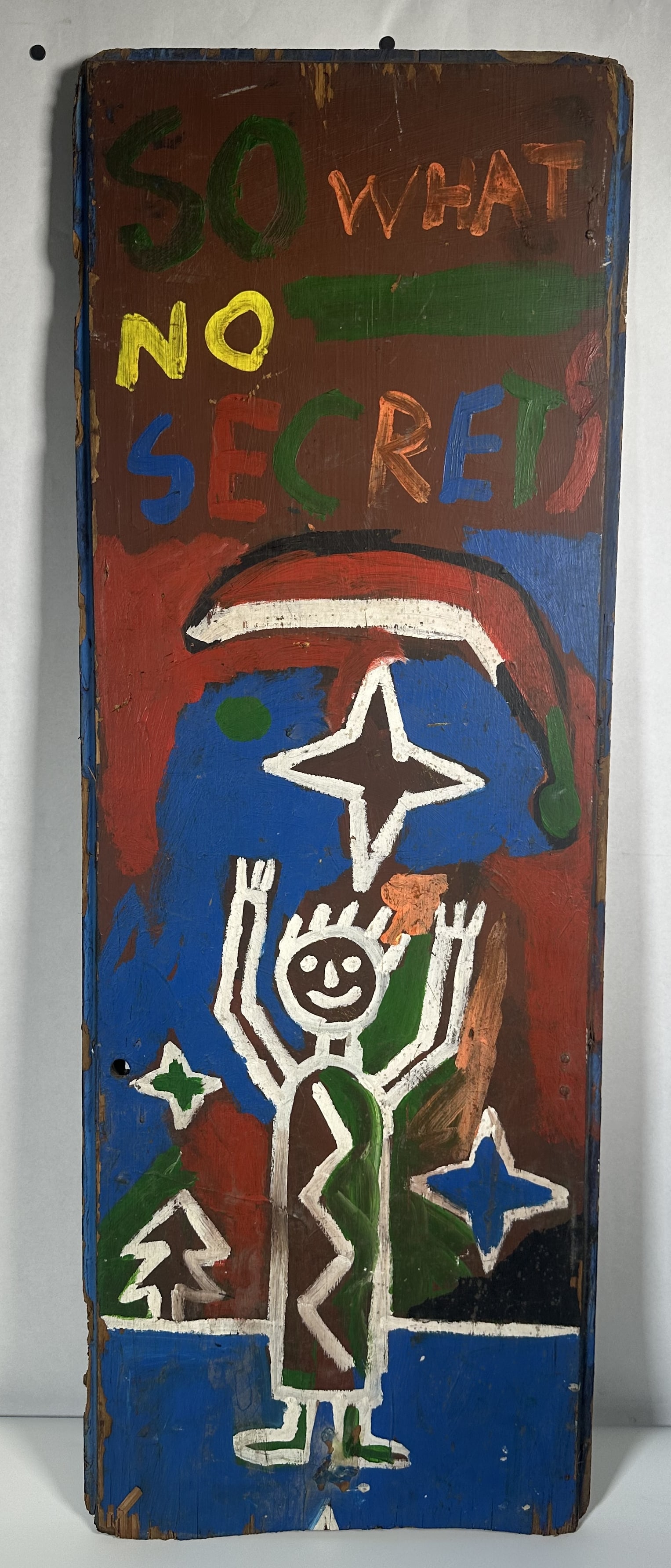 Street Art Wood Panel Painted on Both Sides: Street Art Wood Panel Painted on Both Sides This original mixed-media painting on a reclaimed wooden board features expressive, folk-art-style figurative imagery, including a central smiling figure be