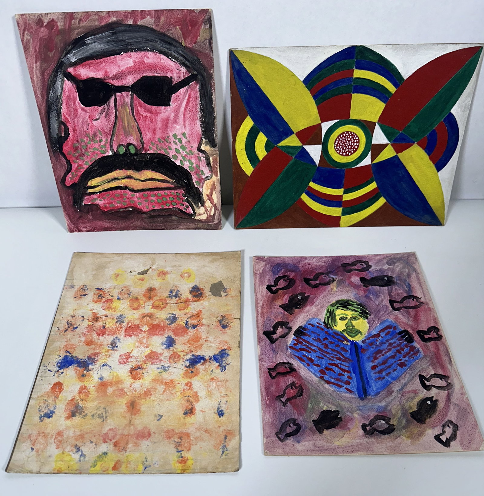 Four Paintings on Board by Bernie Group 2: Four Paintings on Board by Bernie Group 2 Four original abstract painting son board featuring a variety of vibrant compositions of short, colorful brushstrokes all by the artist only known as Bernie.