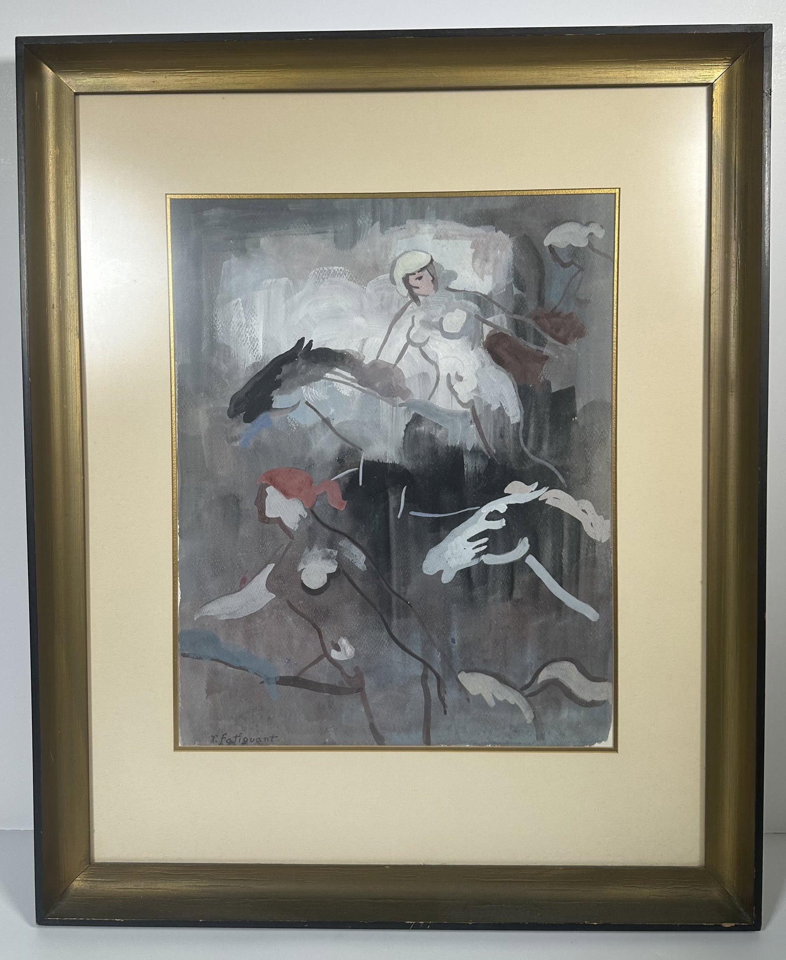 Richard Fatiquant Painting of Two Nude Women on Horses: Richard Fatiquant Painting of Two Nude Women on Horses This artwork is an original gouache on paper painting by the Miami artist Richard Fatiguant, depicting stylized nude figures and horses in muted