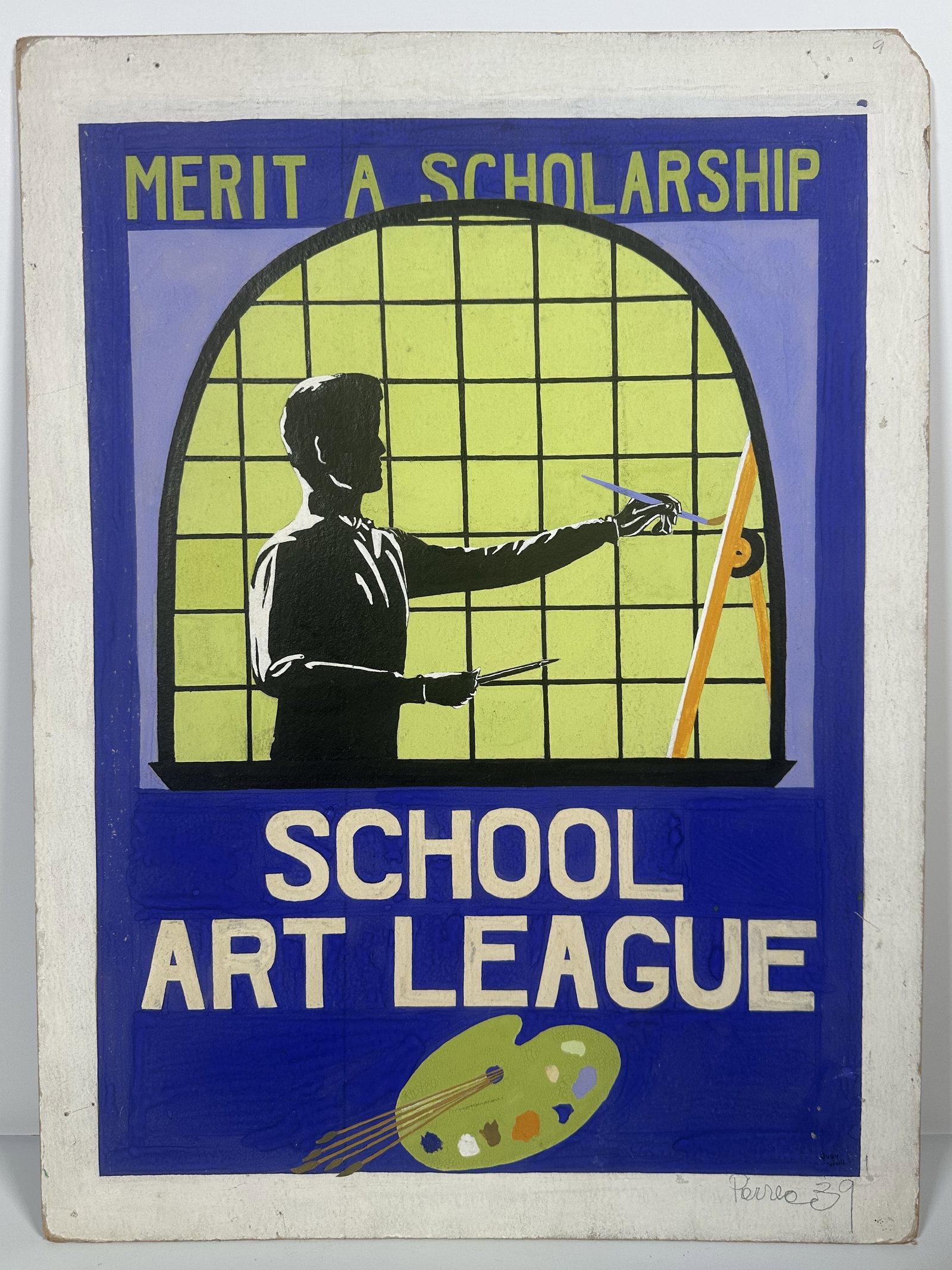 Painting Merit a Scholarship School Art League: Painting Merit a Scholarship School Art League This vintage gouache illustration from 1939 promotes the School Art League of New York City, featuring a silhouetted student painting against a grid wind
