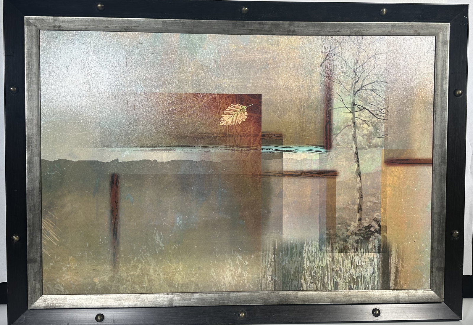 Laurie Fields Fall with Leaf in Cool Frame - Unsigned: Laurie Fields Fall with Leaf in Cool Frame Large abstract graphic image by Laurie Fields named Fall with Leaf. Image is on board with textures to resemble an original painting. Interesting frame with 