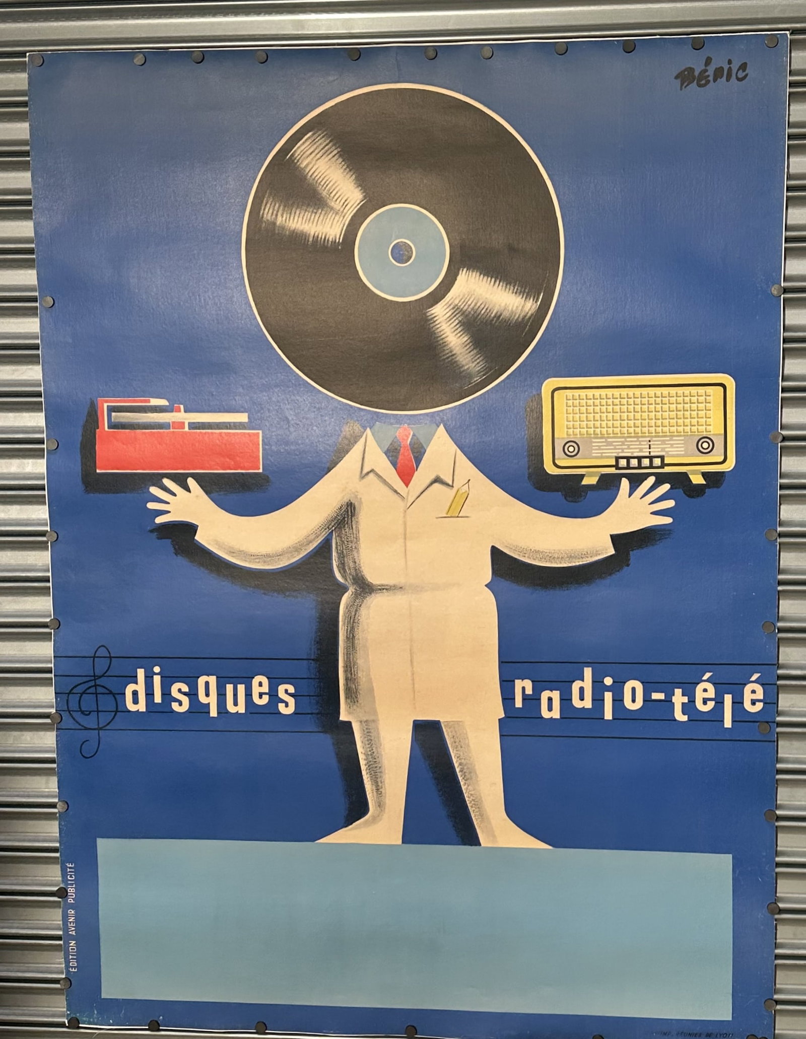 Vintage Poster by Beric Disques - Radio - Tele 62 inches by 45 inches Canvas Backed: Vintage Poster by Beric Disques - Radio - Tele 62 inches by 45 inches Canvas Backed This is a charming and creative image to promote the sales of record players, radios, and televisions. By using the