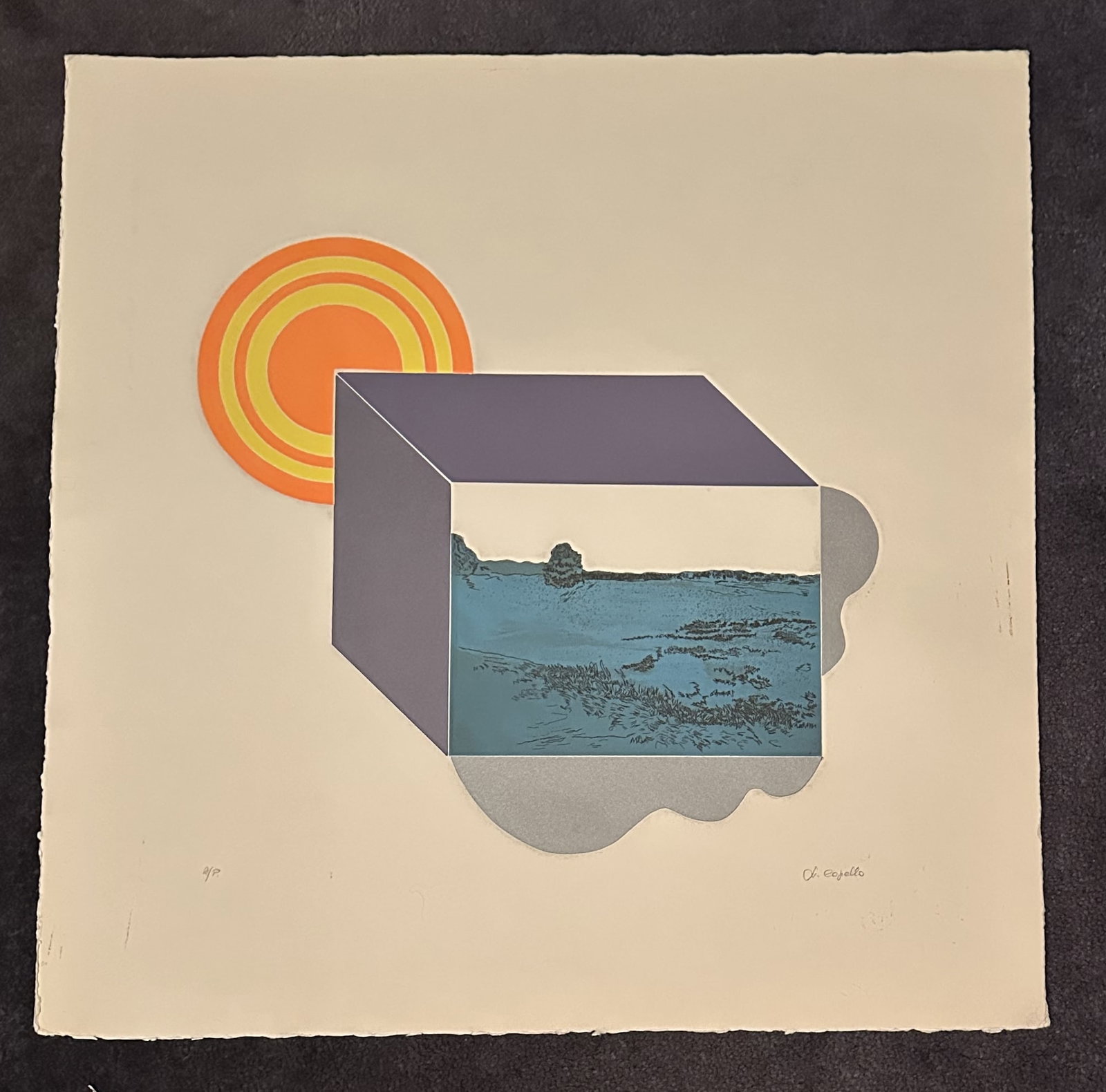 Francisco Copello Serigraph and Embossed Intaglio Setting Sun: Francisco Copello Serigraph and Embossed Intaglio Setting Sun This print is Setting Sun, an original color serigraph and embossed intaglio work featuring a geometric cube and landscape motif by the re