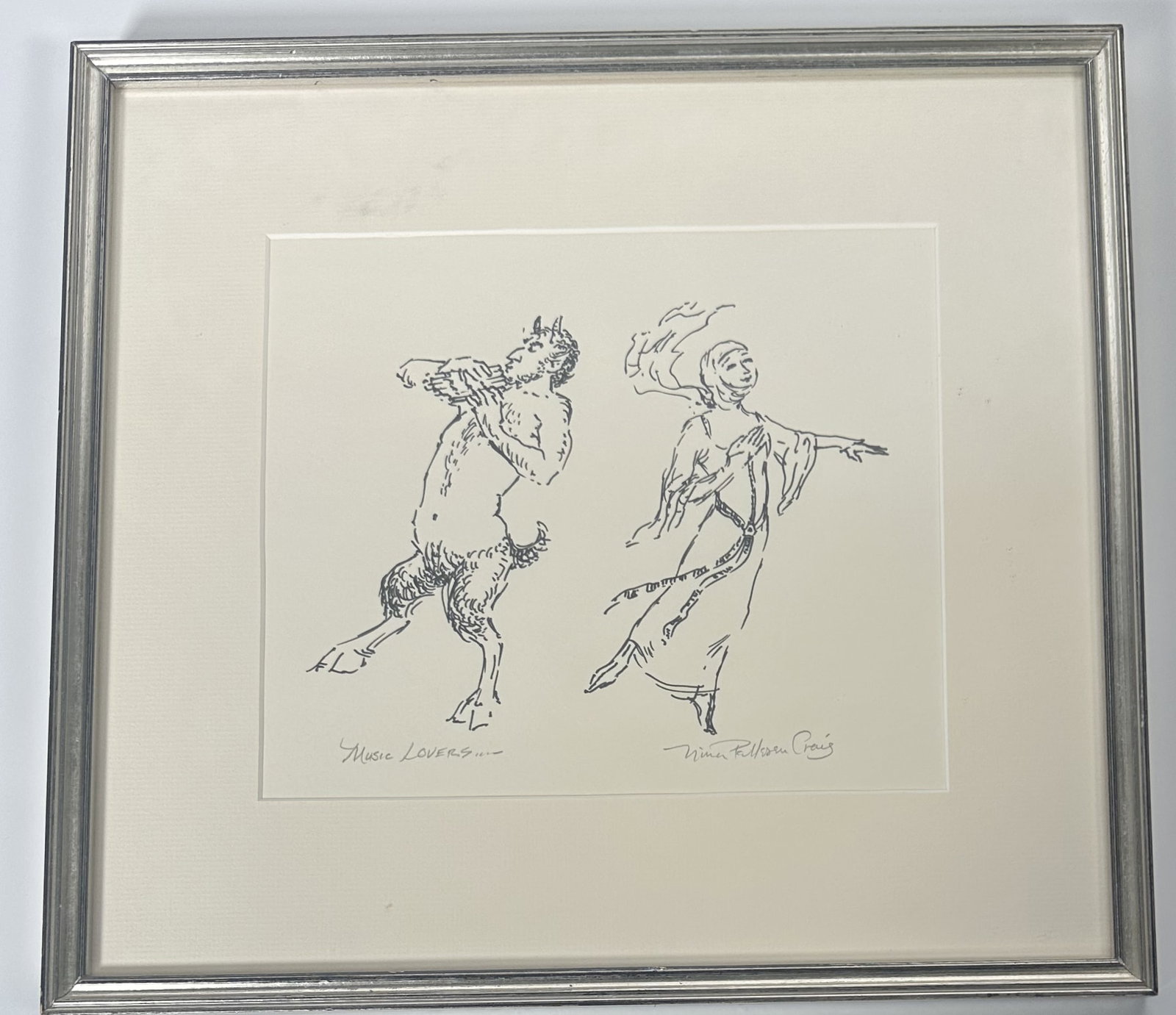Etching of Satyrs by Nina Paulison Craig: Etching of Satyrs by Nina Paulison Craig This framed print titled Music Lovers... is signed by Ninalee Allen Craig (often known as Jinx Craig), the American artist and former art student who famously 