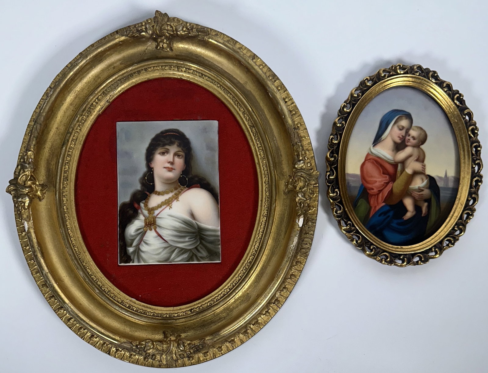 KPM Framed Plaque and Madonna and Child Hand Painted Plaque: KPM Framed Plaque and Madonna and Child Hand Painted Plaque This antique hand-painted porcelain plaque depicts an odalisque, titled Odaliske nach Sichel, reproducing an Orientalist painting by the Ger