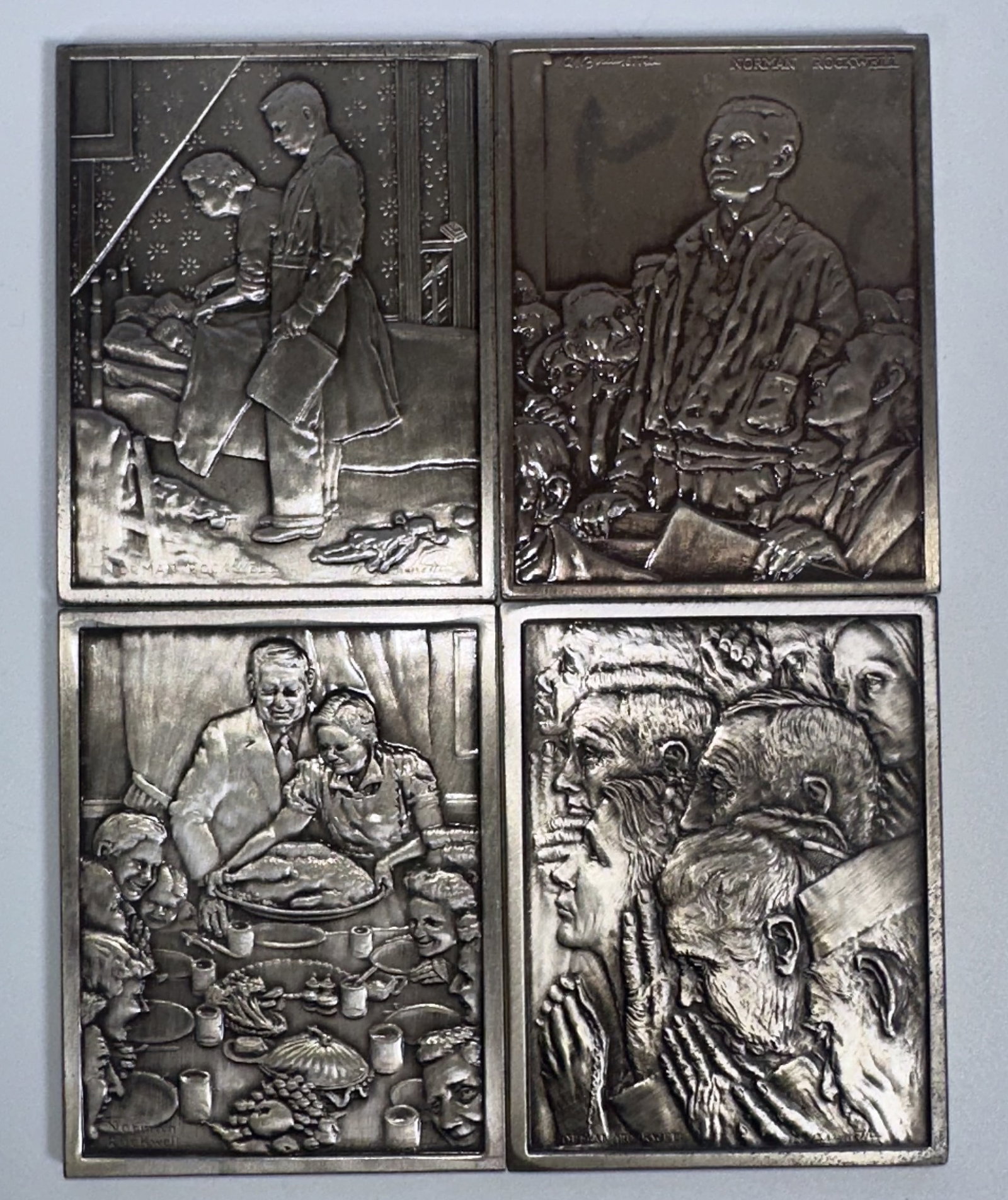 Norman Rockwell Four Freedoms Silver Ingots: Norman Rockwell Four Freedoms Silver Ingots This group of four ingots was minted by the Hamilton Mint in 1974. Each ingot weighs 1000 grains (just over 2 troy ounces, 8.32 troy ounces total). A beauti