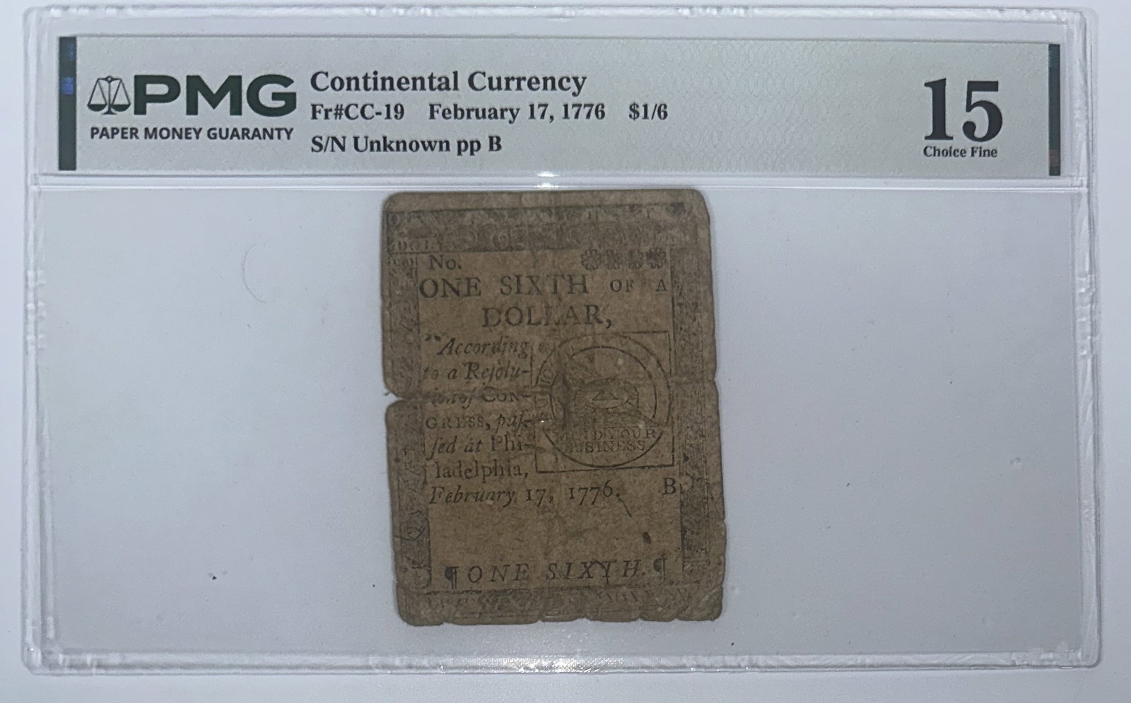 Continental Currency Connecticut Feb 17, 1776 1/6th of a Dollar Choice Fine: Continental Currency Connecticut Feb 17, 1776 1/6th of a Dollar Choice Fine This certified 1/6-dollar Continental Currency note was issued by the Continental Congress on February 17, 1776. Graded Choi