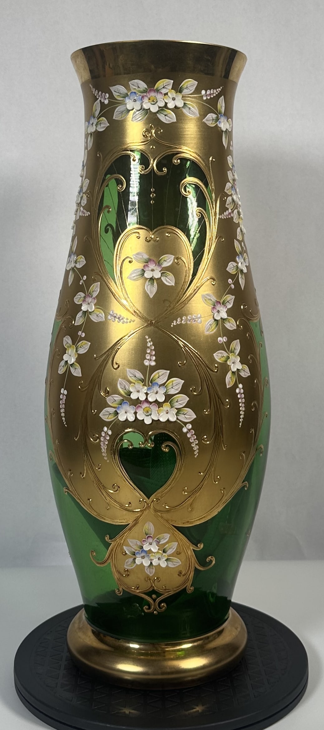 Large Green and Gold Bohemian Glass Painted Vase (1 of 9)
