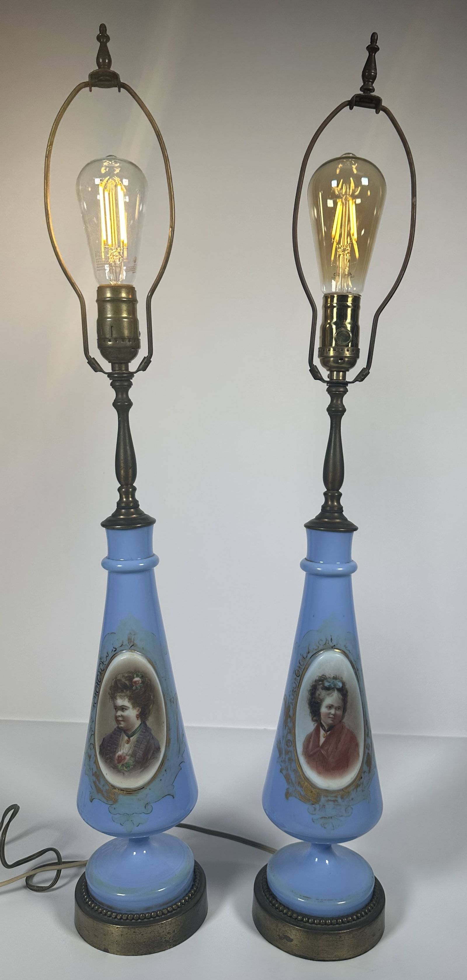 Pair of Blue Opaline Glass Lamps with Portraits (1 of 8)