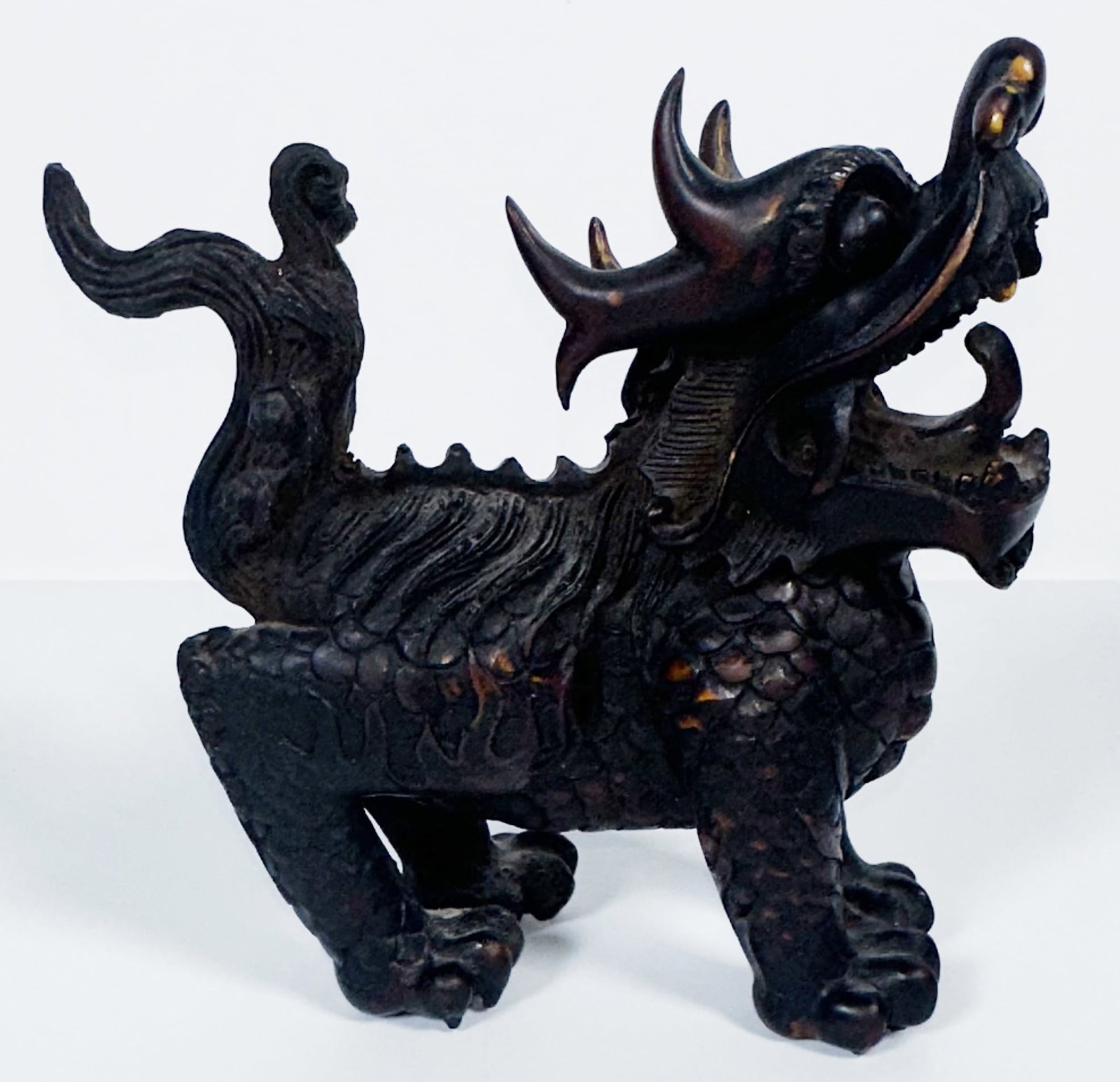Antique Foo Dog Lion Dense Wood Good Wear Age: Antique Foo Dog Lion Dense Wood Good Wear Age This is an antique Chinese/Asian carved wood mythical beast sculpture, specifically a Qilin (or Kirin/Foo Dog guardian creature), featuring a horned drago