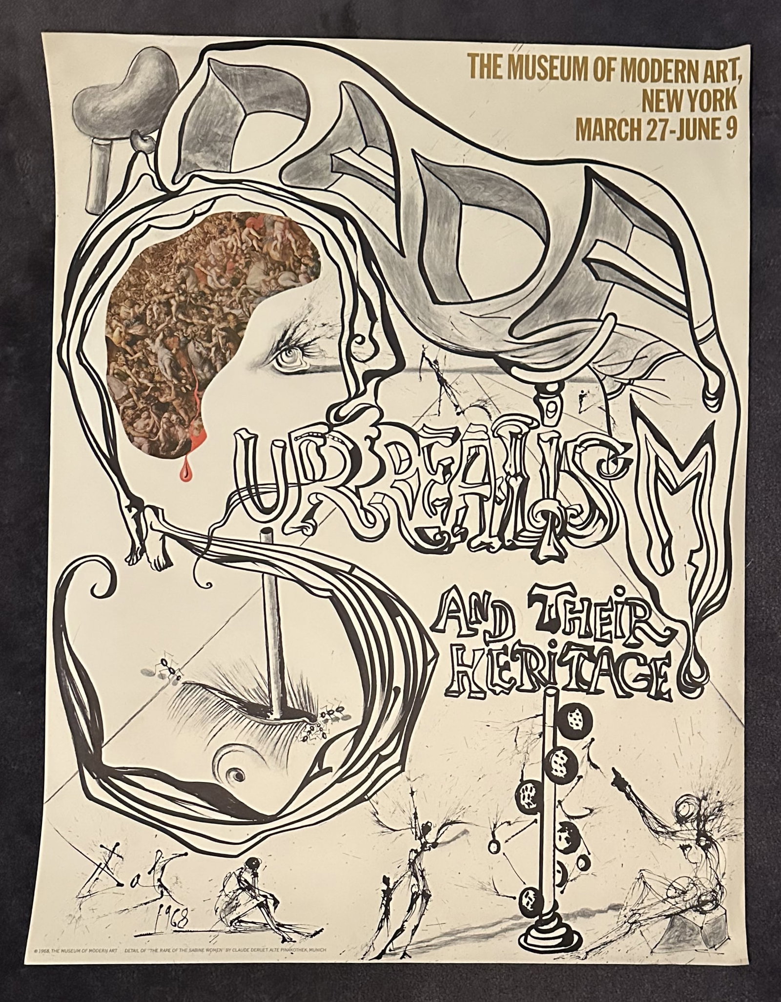 Salvador Dali 1968 MOMA Surrealism Poster: Salvador Dali 1968 MOMA Surrealism Poster This original 1968 exhibition poster was designed by Salvador Dali for the Museum of Modern Art (MoMA) in New York, promoting the landmark exhibition Dada, Su