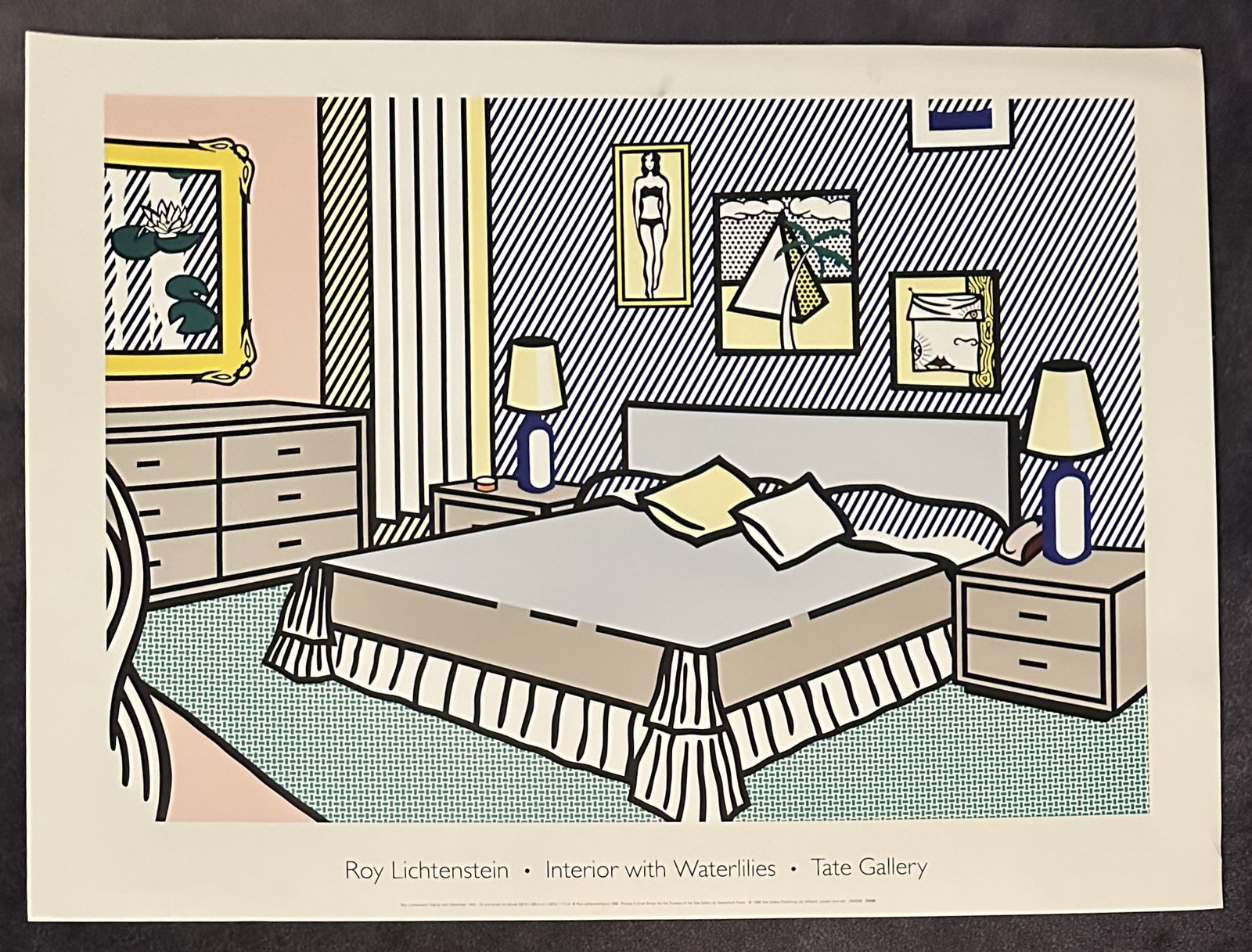 Roy Lichtenstein 1991 Tate Gallery Poster Interior with Waterlillies: Roy Lichtenstein 1991 Tate Gallery Poster Interior with Waterlillies Interior with Waterlilies, published by the Tate Gallery (now Tate Modern) featuring his iconic Ben-Day dot bedroom motif. Pop art 