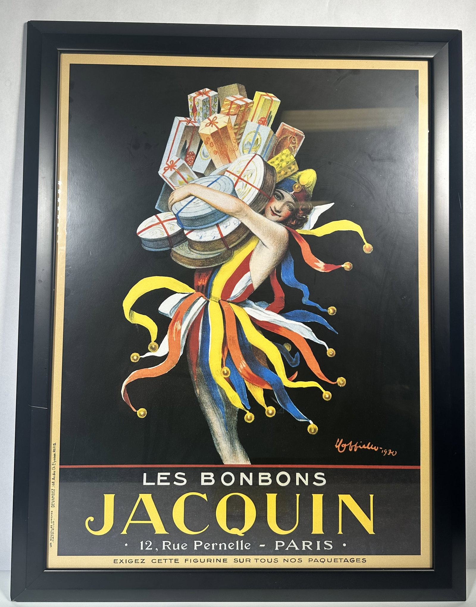 Les Bon Bons Jacquin Poster: Les Bon Bons Jacquin Poster This framed vintage art print of the Leonetto Cappiellos iconic 1930 advertising poster for Les Bonbons Jacquin, featuring a vibrant harlequin-costumed figure balancing an 