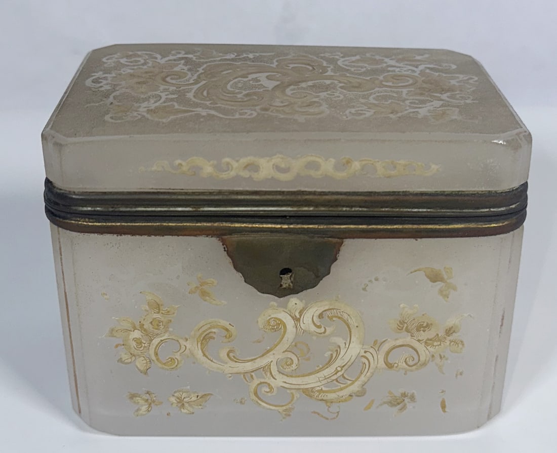 Antique Painted Frosted Glass Jewelry Casket: Antique Painted Frosted Glass Jewelry Casket This late 19th-century antique frosted crystal jewelry casket features delicate gold overlay floral and scroll painting. European origin, likely French. Be