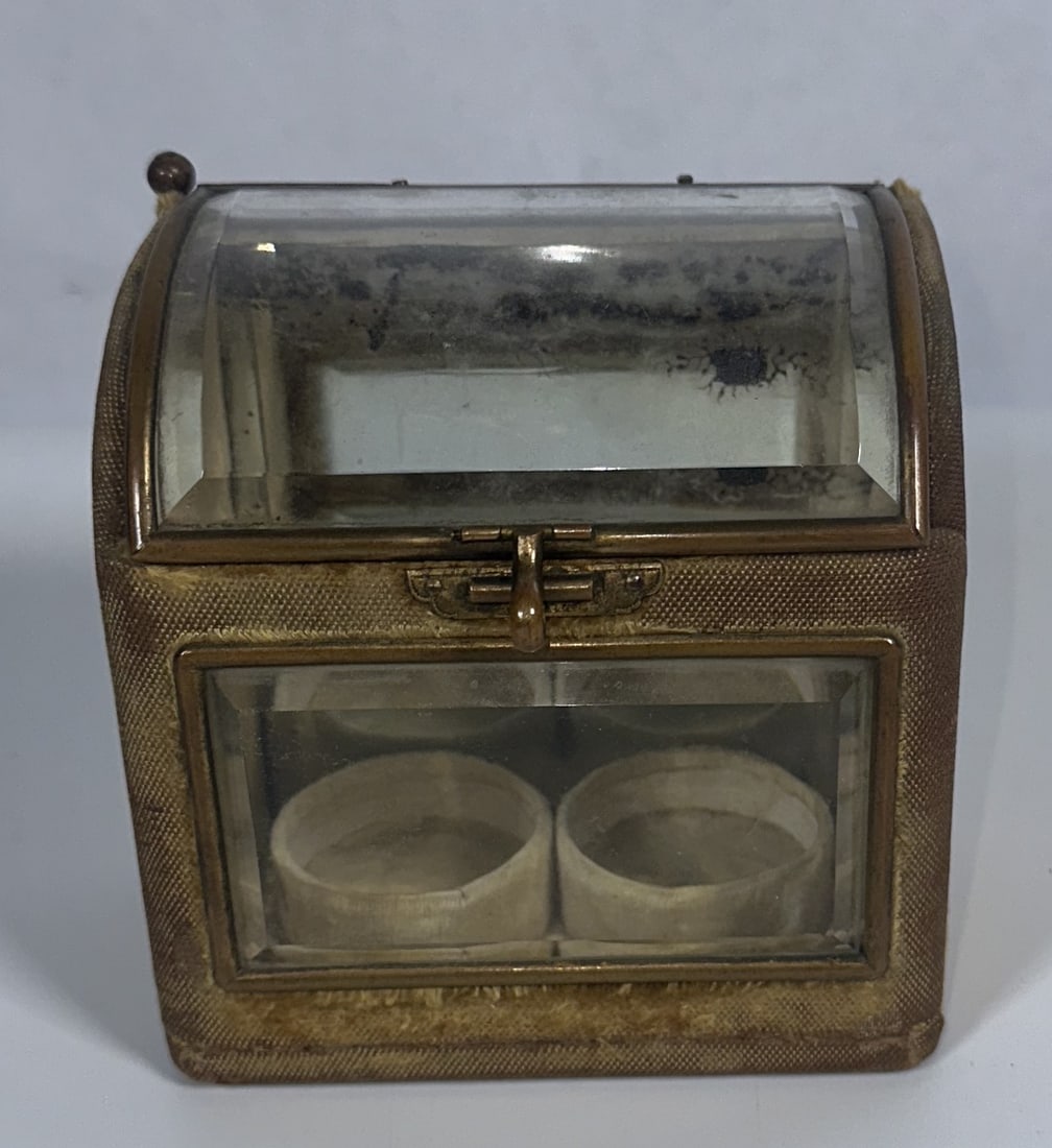 Glass and Brass Curved Top Jewelry/Perfume Casket: Glass and Brass Curved Top Perfume Casket This is an antique French vitrine/jewelry casket featuring a curved, beveled glass hinged lid and an interior fitted with ring holders. Other similar ones are