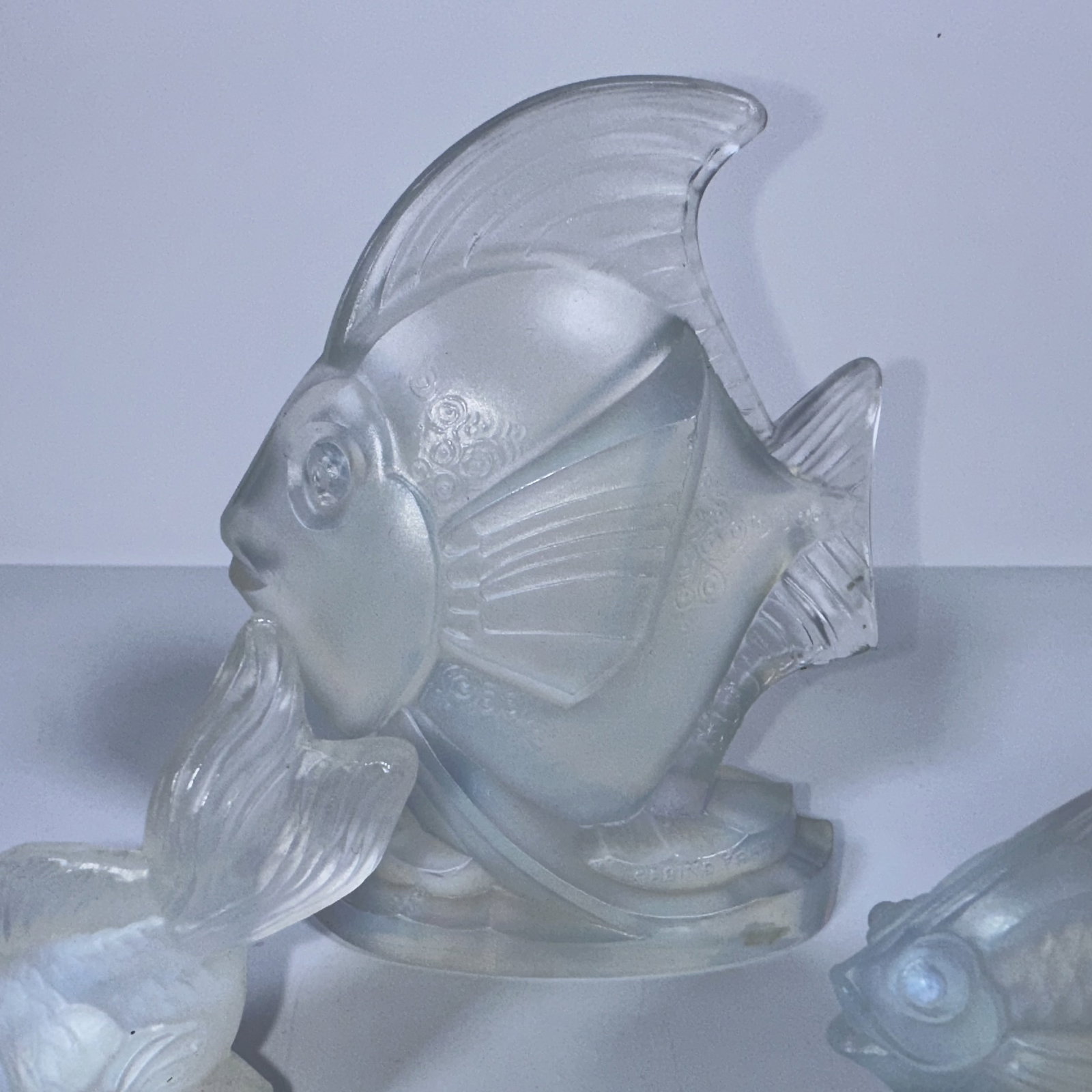 Vintage Sabino French Glass Fish: Vintage Sabino French Glass Fish This figurine is a vintage Art Deco opalescent art glass fish sculpture designed by Sabino France, featuring signature milky-white and bluish iridescent highlights. It