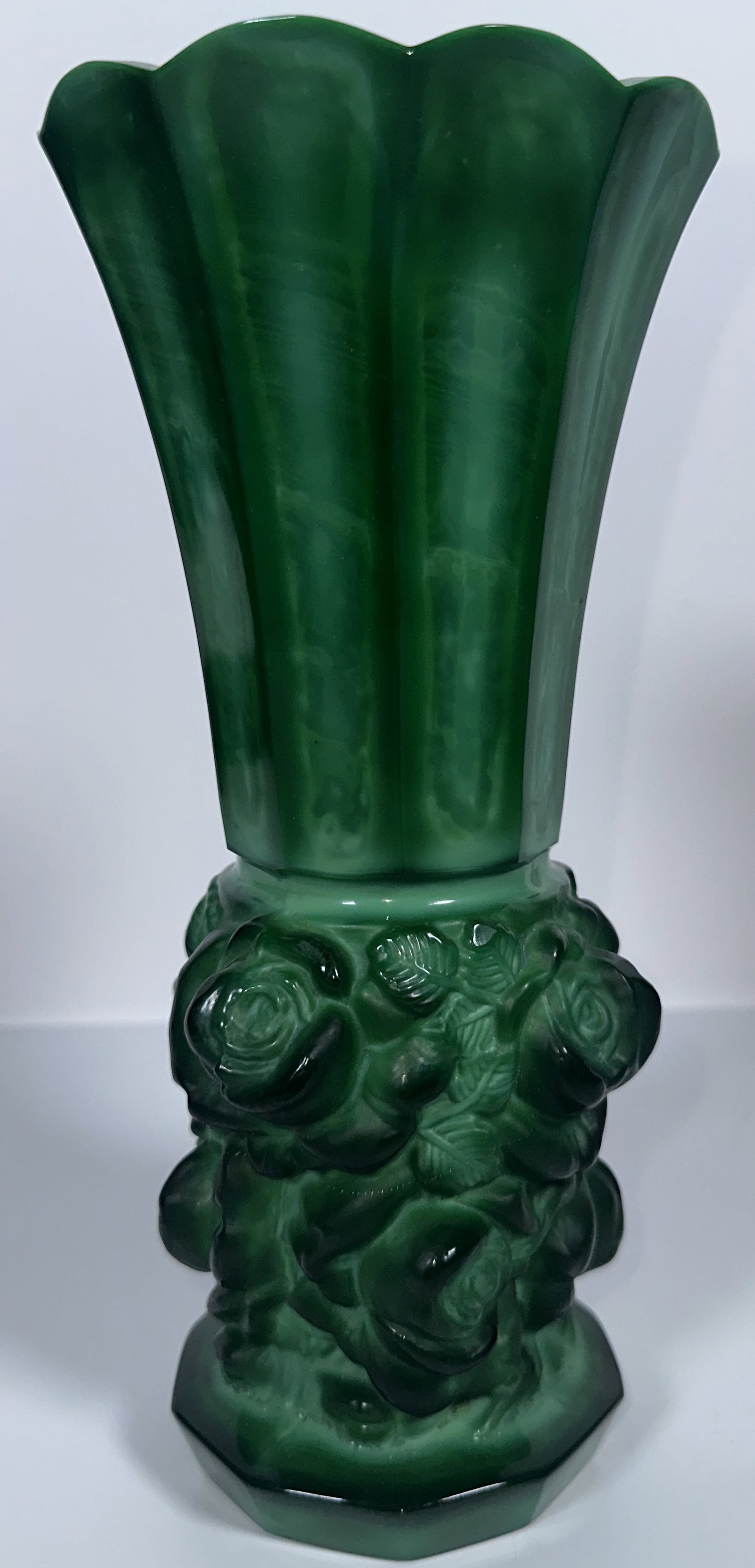 Malachite Glass Floral Vase 9.5 Inches Tall: Malachite Glass Floral Vase 9.5 Inches Tall This striking vintage Art Deco Bohemian green malachite pressed glass vase features an ornate high-relief rose motif on the base and a fluted, scalloped rim