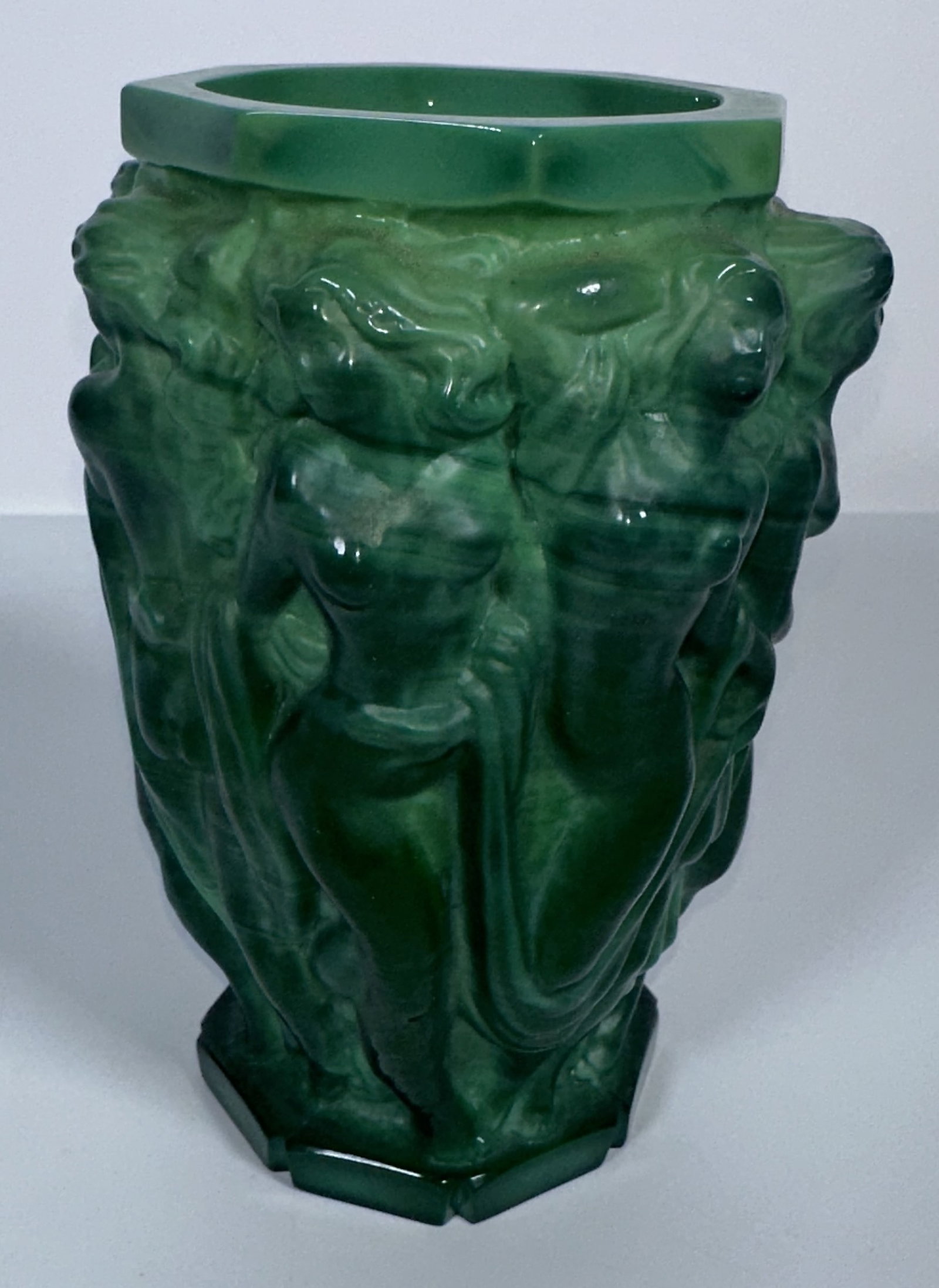 Malachite Glass Bacchanetes Vase 5.5 Inches Tall: Malachite Glass Bacchanetes Vase 5.5 Inches Tall This is a vintage Art Deco Czech Bohemian malachite green glass vase featuring a figural relief of dancing female nudes or bacchantes, originally desig