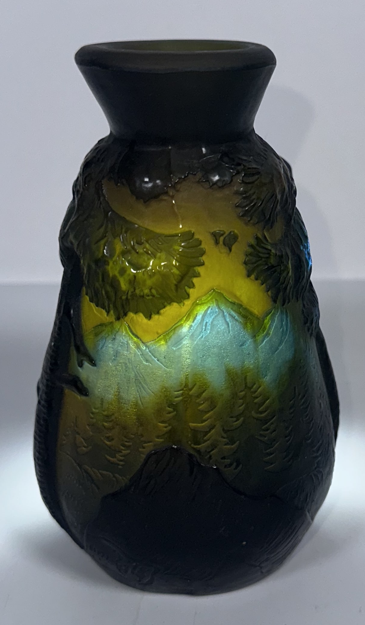 Colorful Galle Signed Vase Marked TIP: Colorful Galle Signed Vase Marked TIP This is a vintage Art Nouveau-style cameo glass vase featuring an acid-etched mountain and forest landscape signed Galle. Multi-layered, acid-cut cameo glass depi