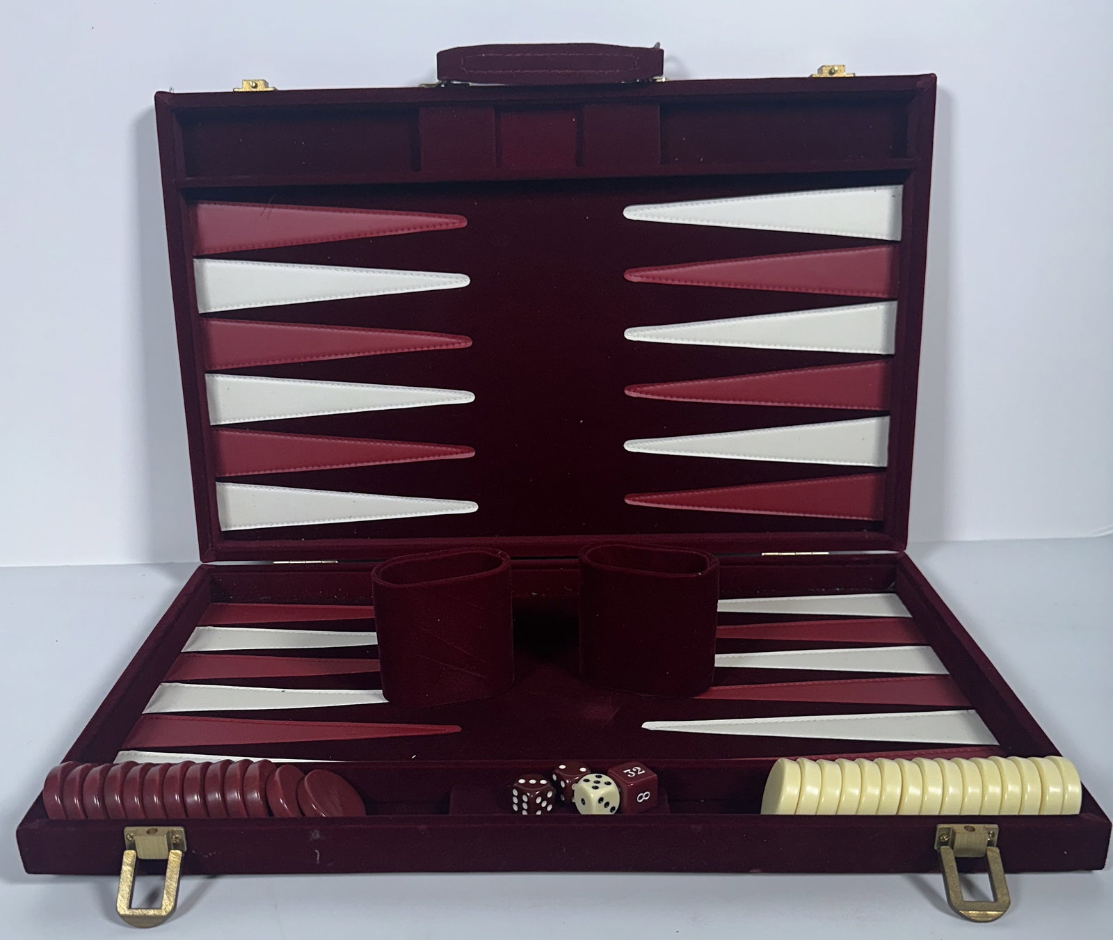 Red and Creme Colored Backgammon Pieces with Red Velvet Board/Box (1 of 5)